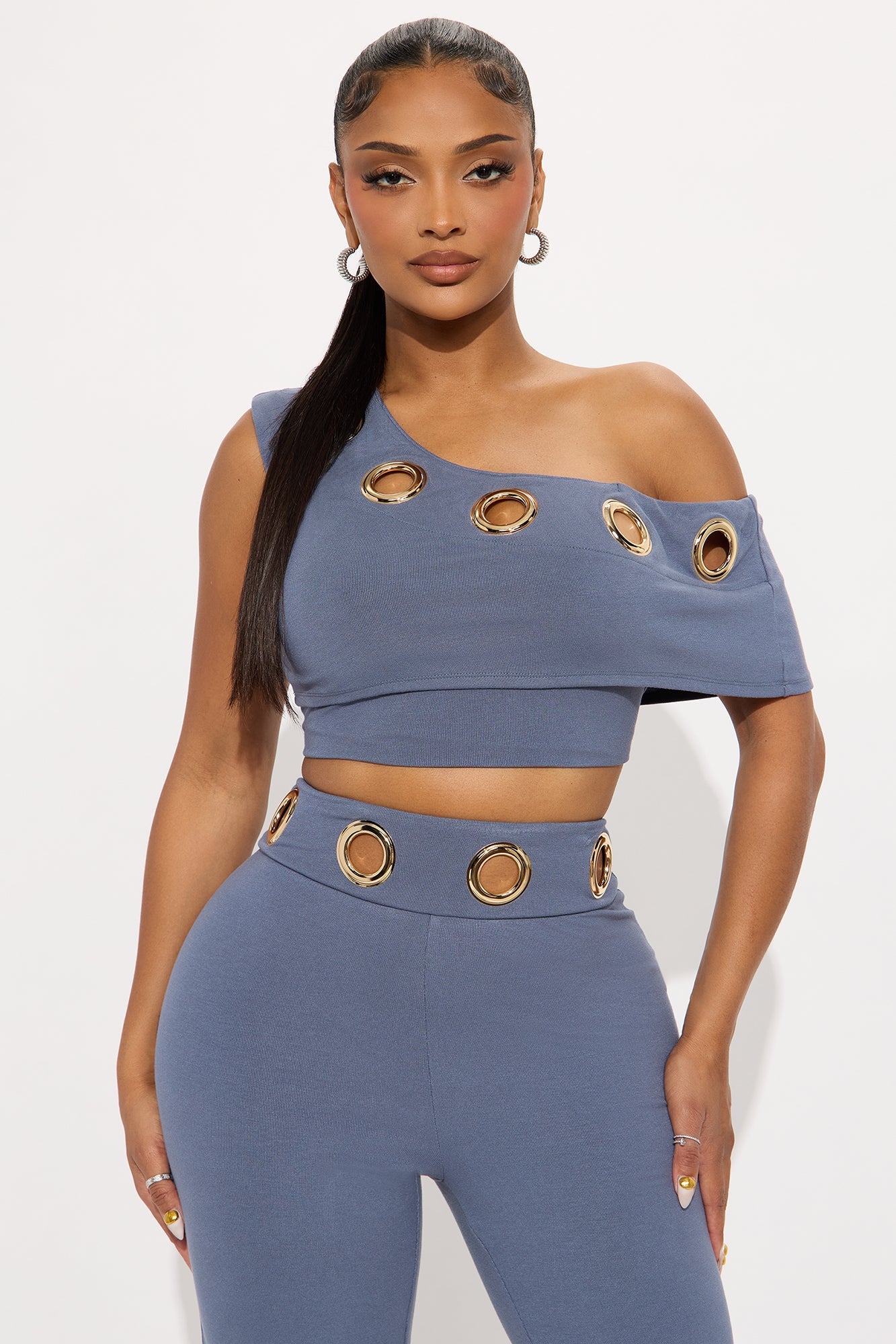 Lia Off Shoulder Grommet Pant Set - Slate Blue