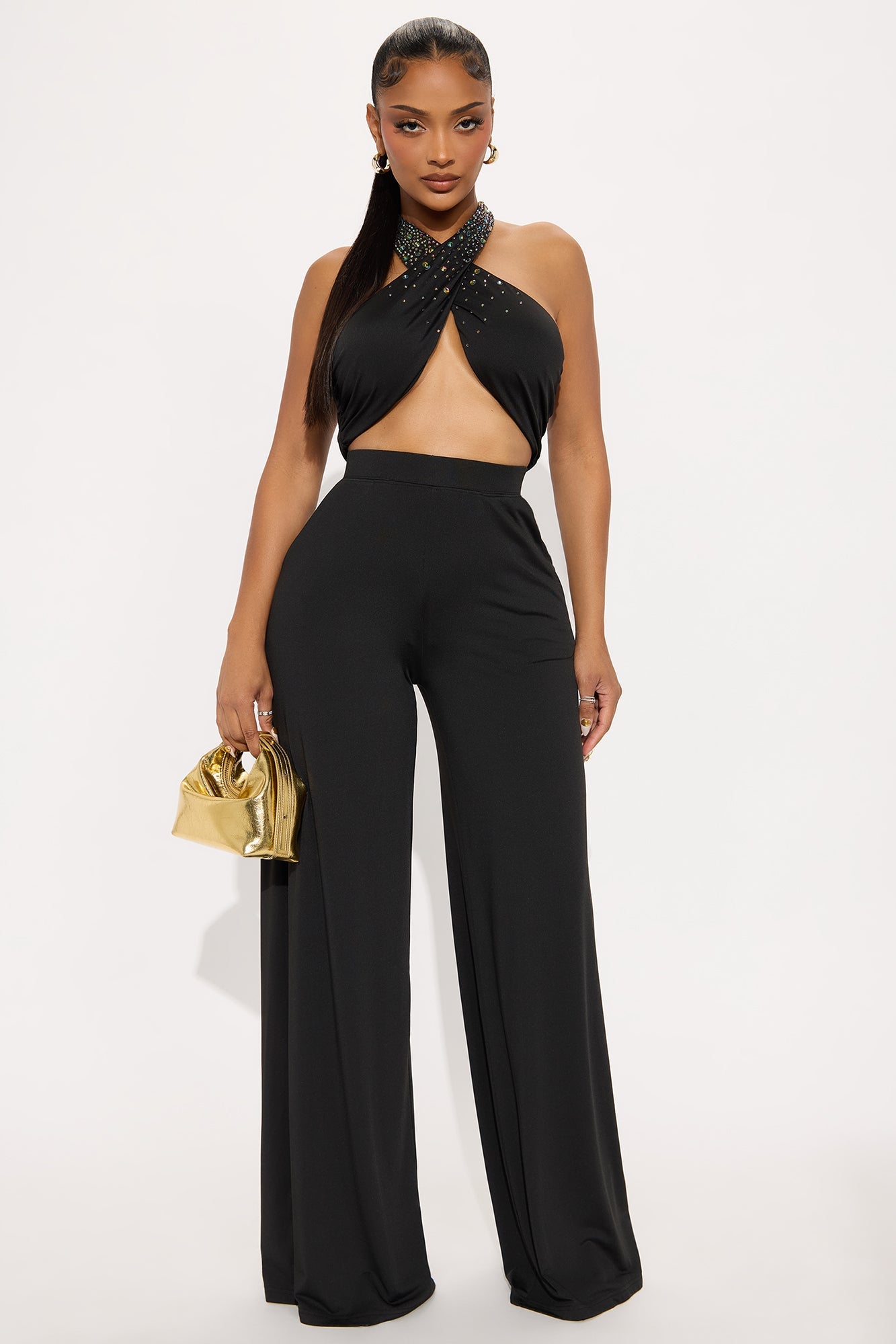 Kiara Halter Rhinestone Pant Set - Black