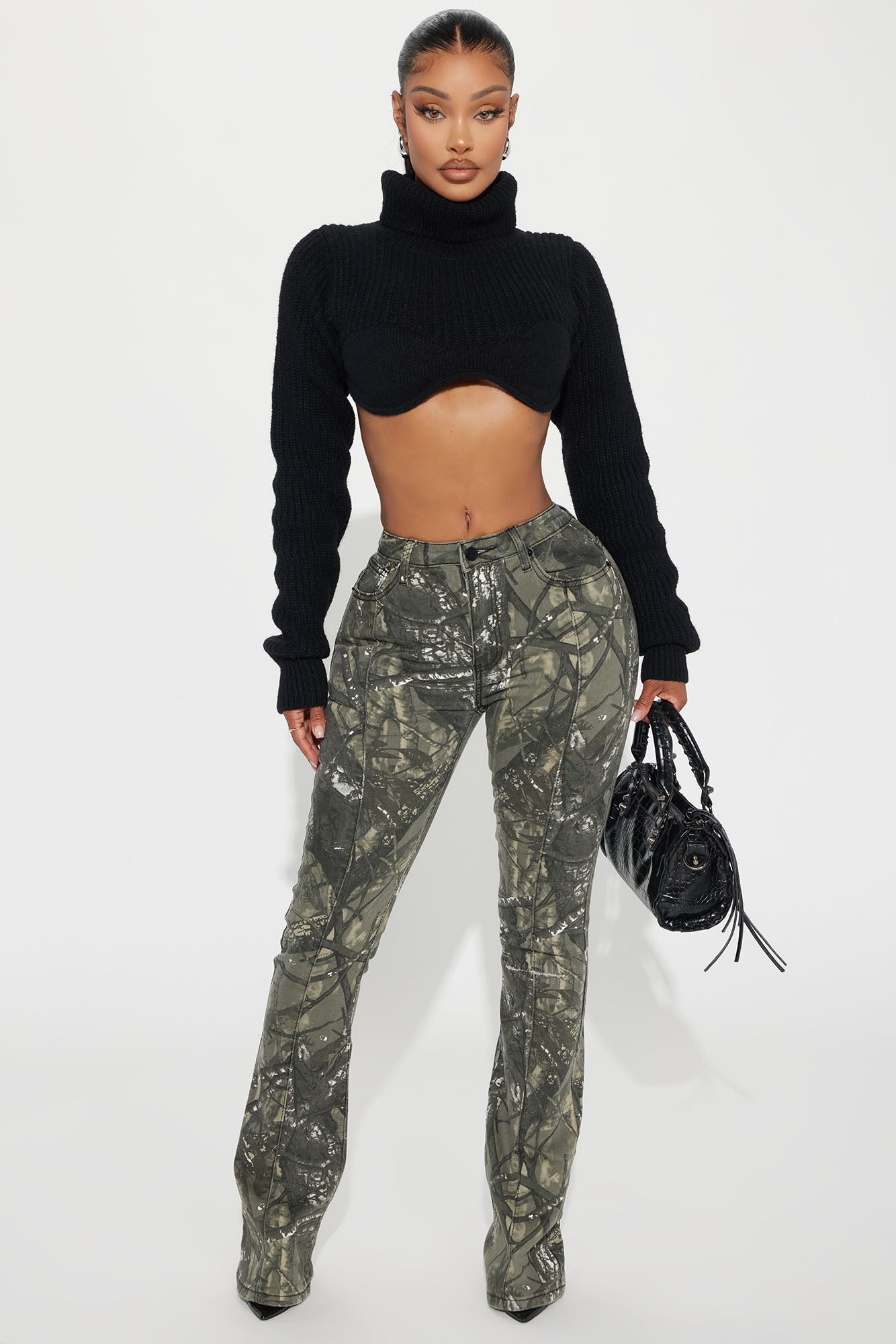 Commanding Attention Camo Stretch Flare Jeans - Black/combo