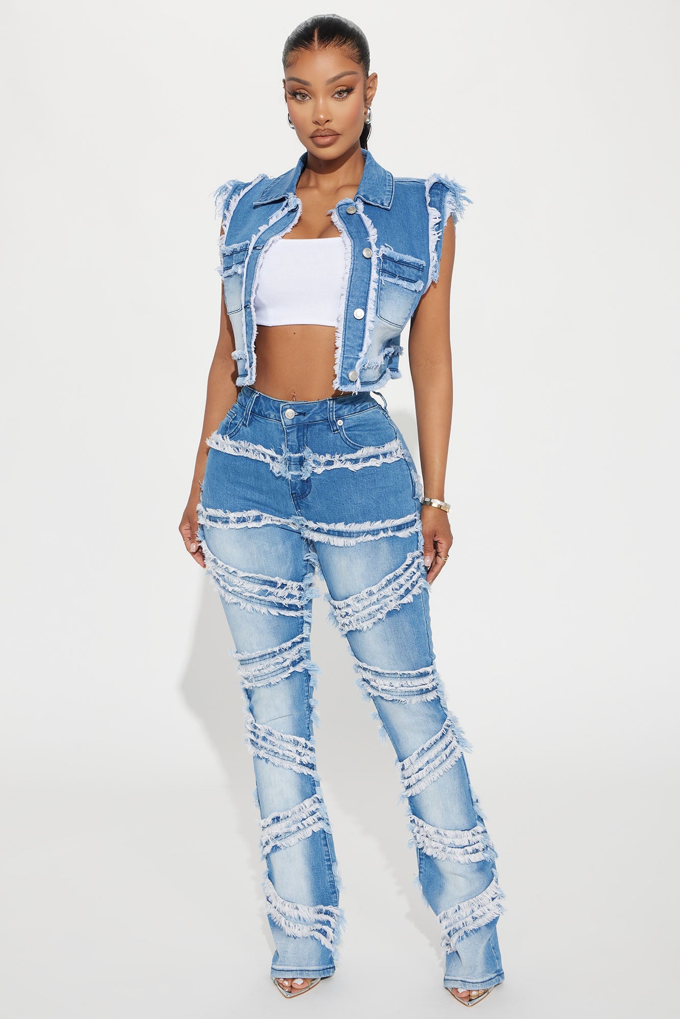 Making A Point Stretch Fray Flare Jeans - Medium Wash