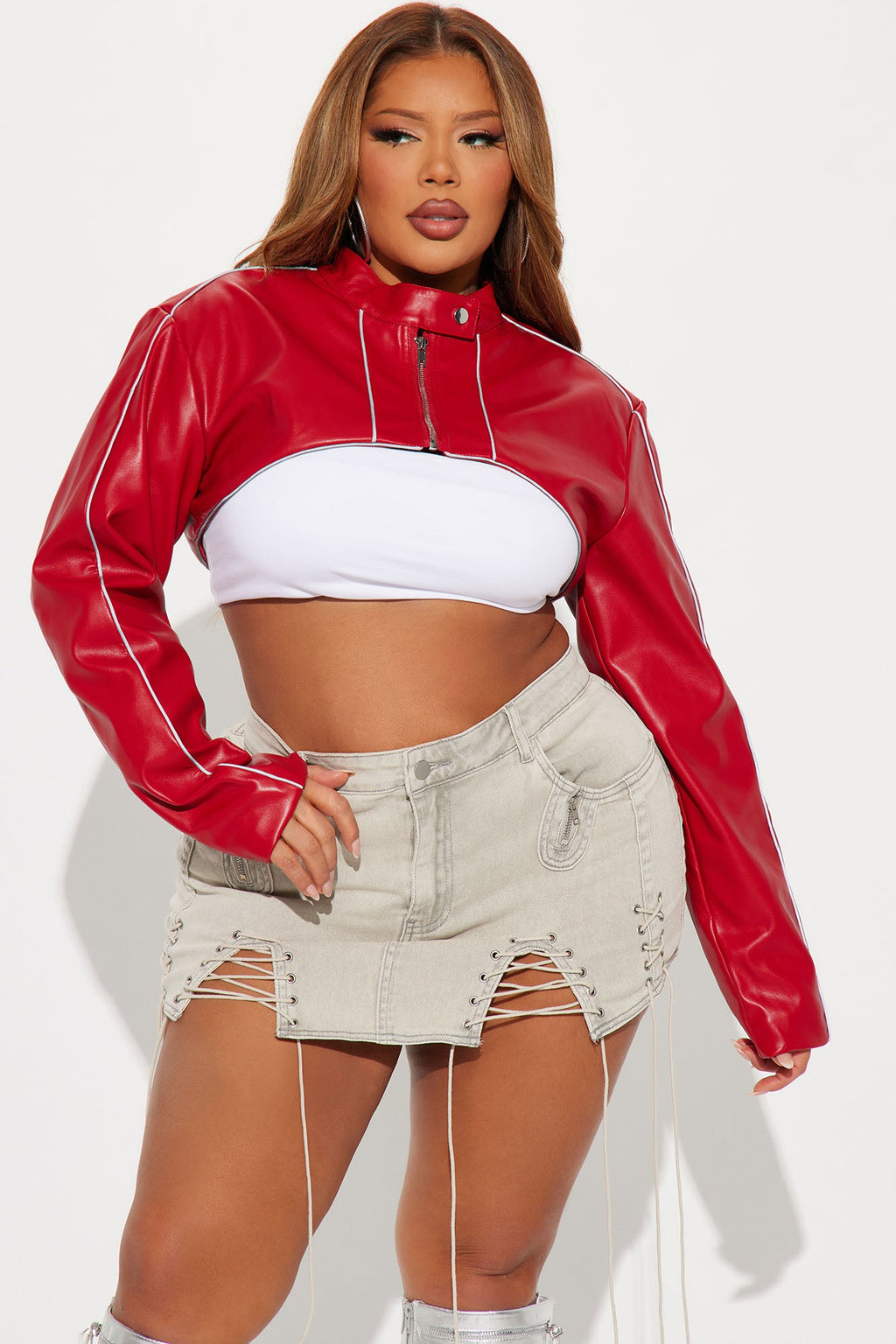Jessie Faux Leather Cropped Bolero Jacket - Red