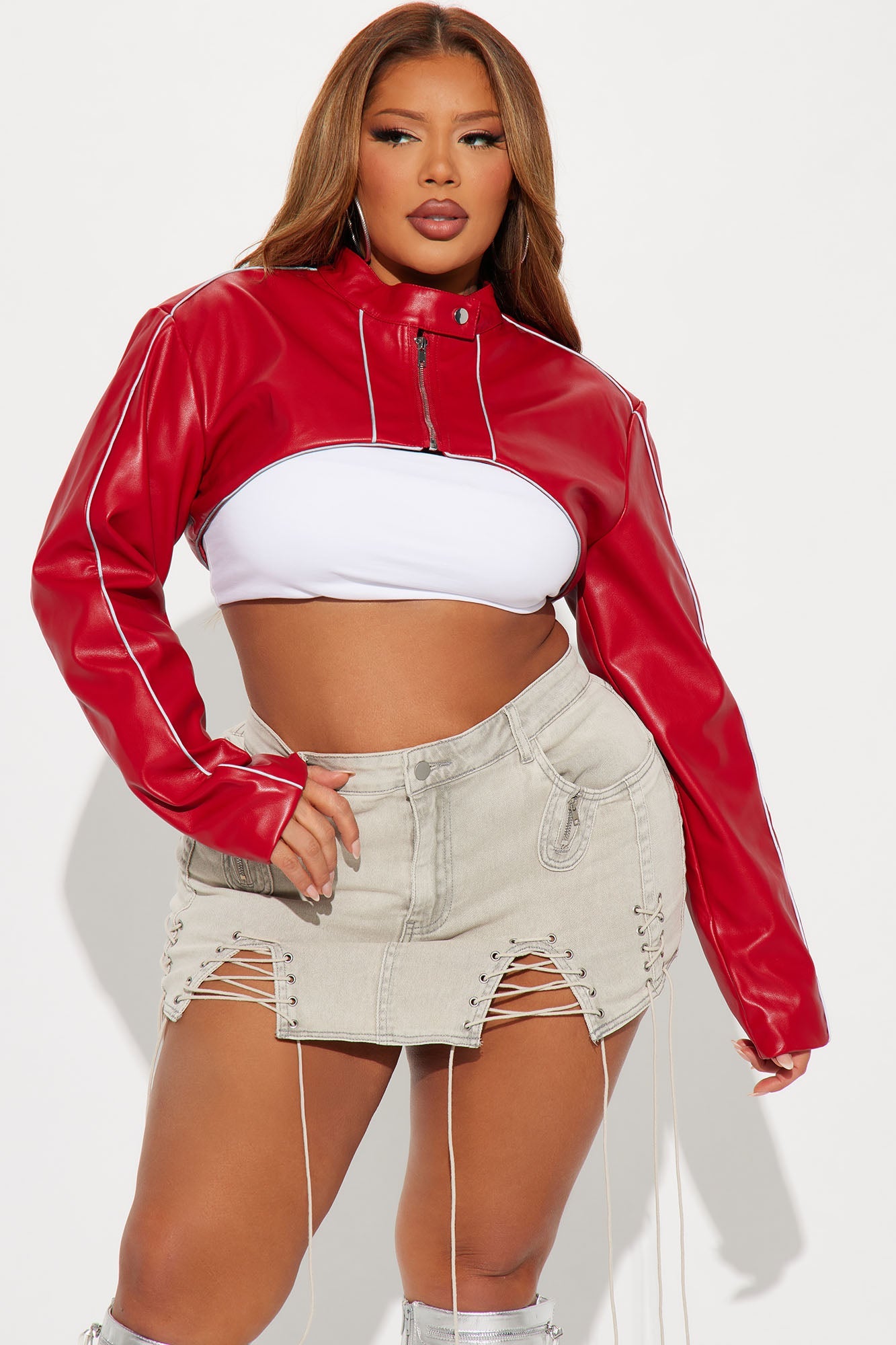 Jessie Faux Leather Cropped Bolero Jacket - Red