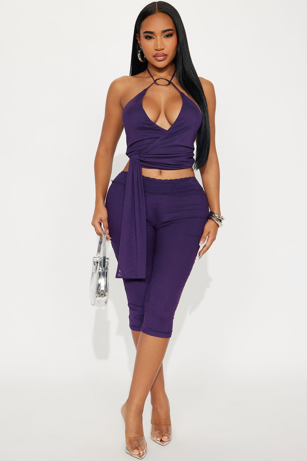 Flirt Mode Mesh Halter Capri Pant Set - Purple