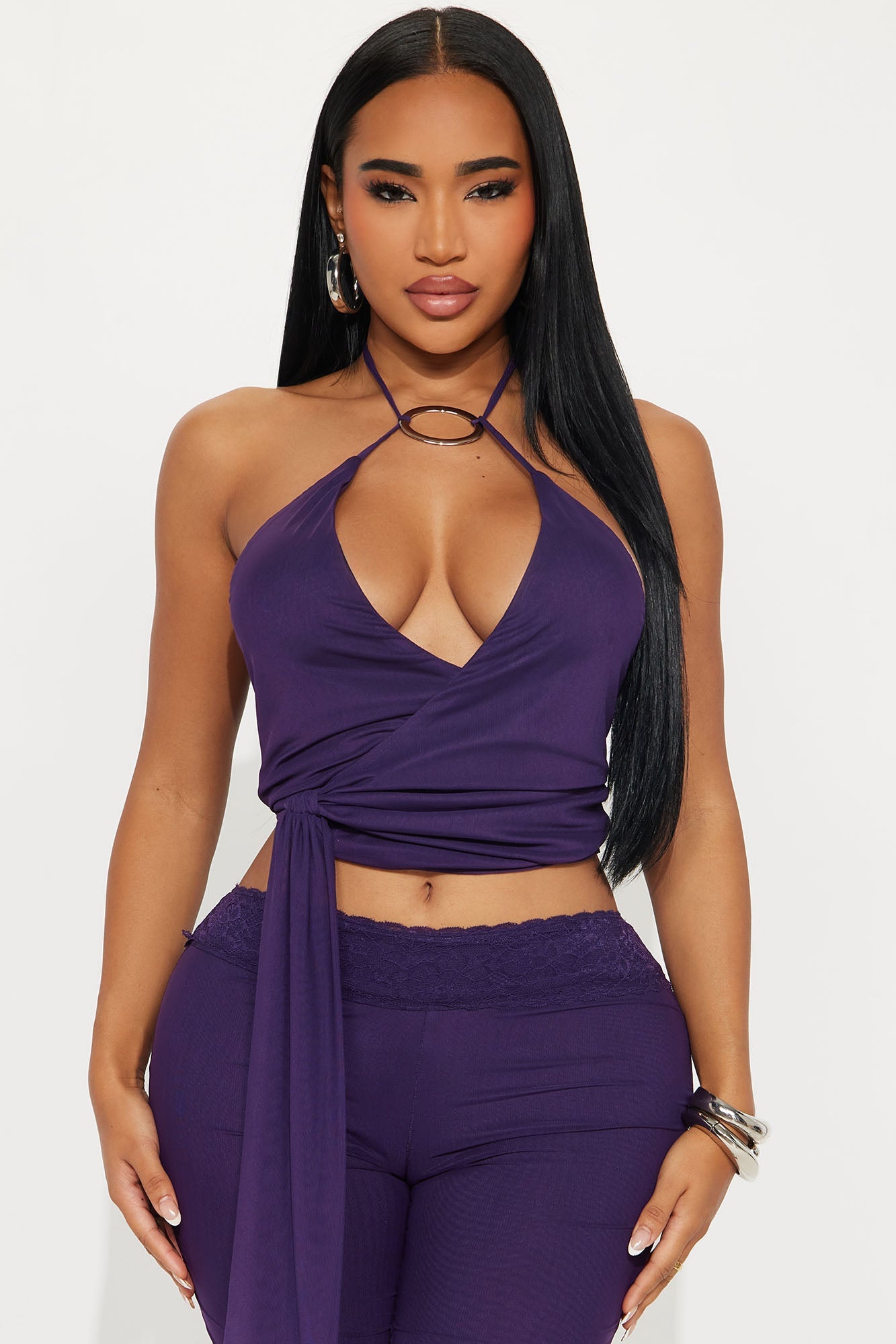 Flirt Mode Mesh Halter Capri Pant Set - Purple