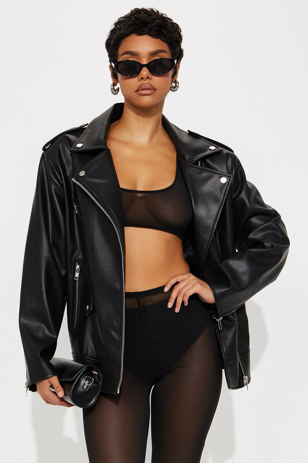 Phoebe Oversized Faux Leather Moto Jacket - Black