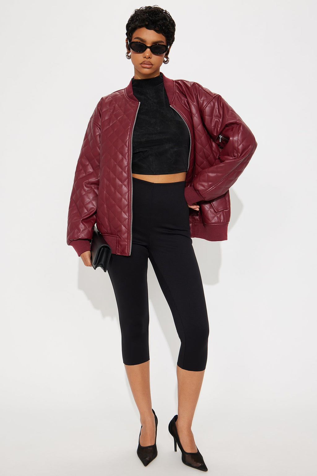 Around The Way Quilted Faux Leather Bomber Jacket - Burgundy