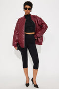 Around The Way Quilted Faux Leather Bomber Jacket - Burgundy
