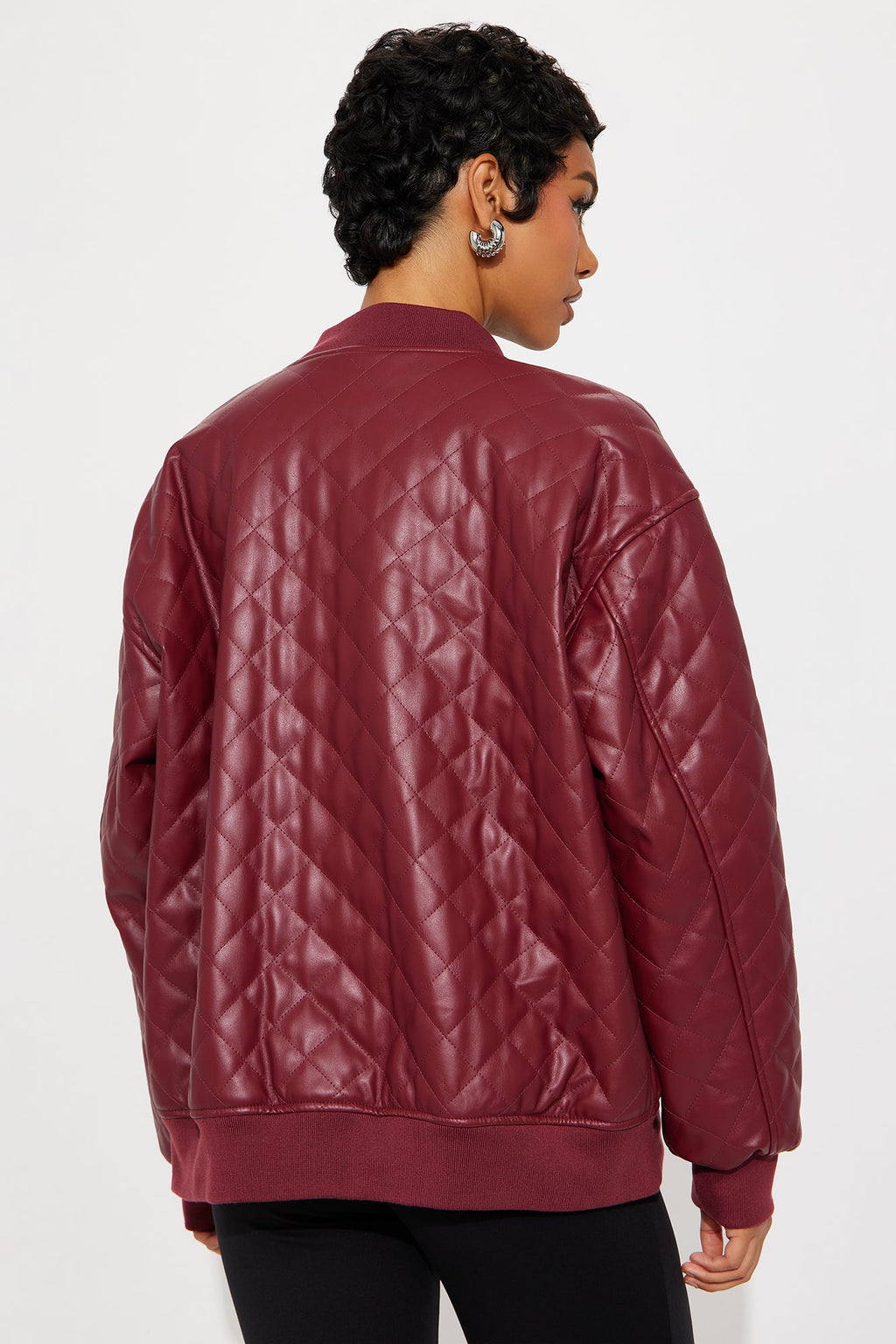 Around The Way Quilted Faux Leather Bomber Jacket - Burgundy