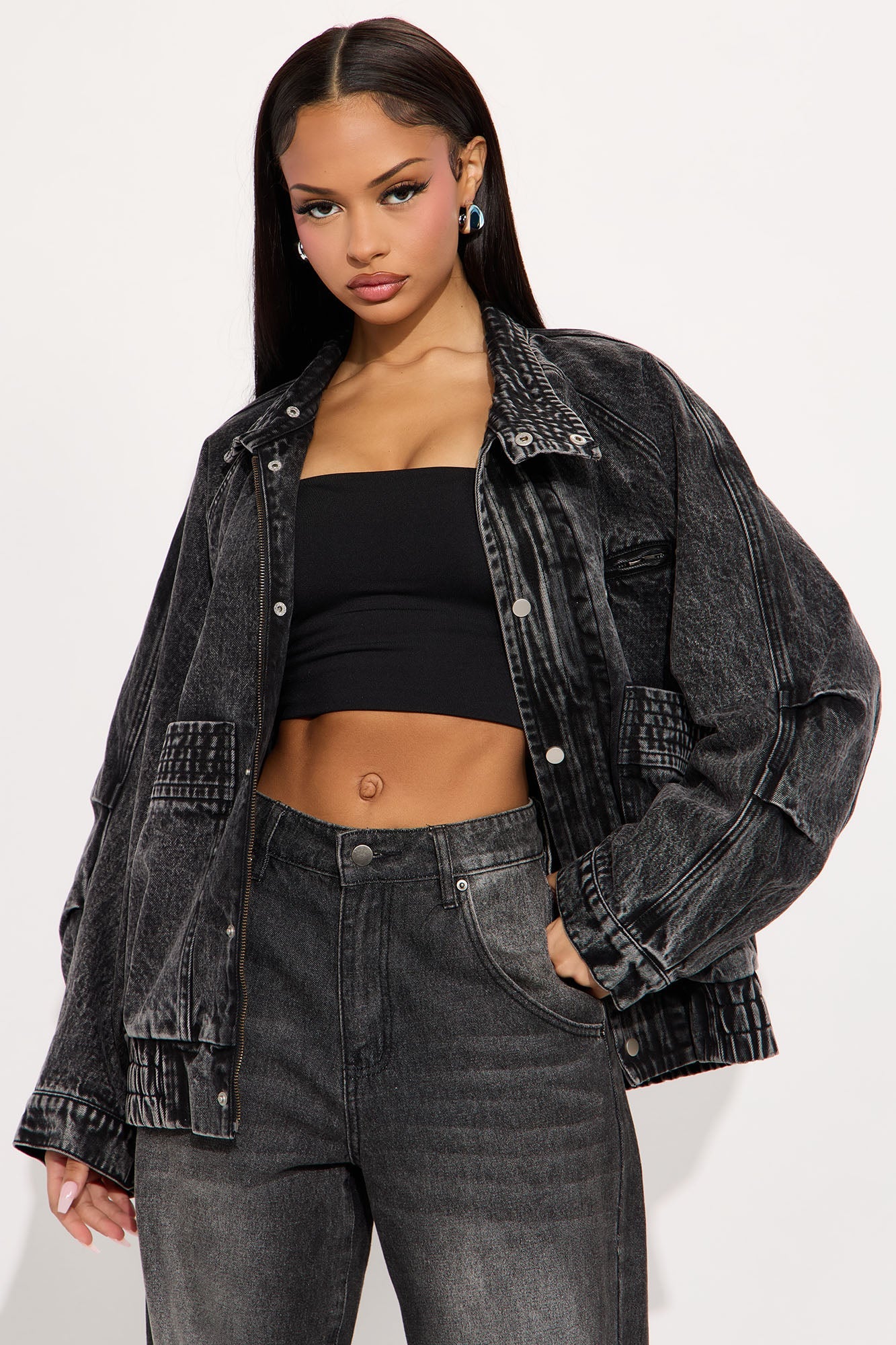 Yara Oversized Denim Bomber Jacket - Black Wash