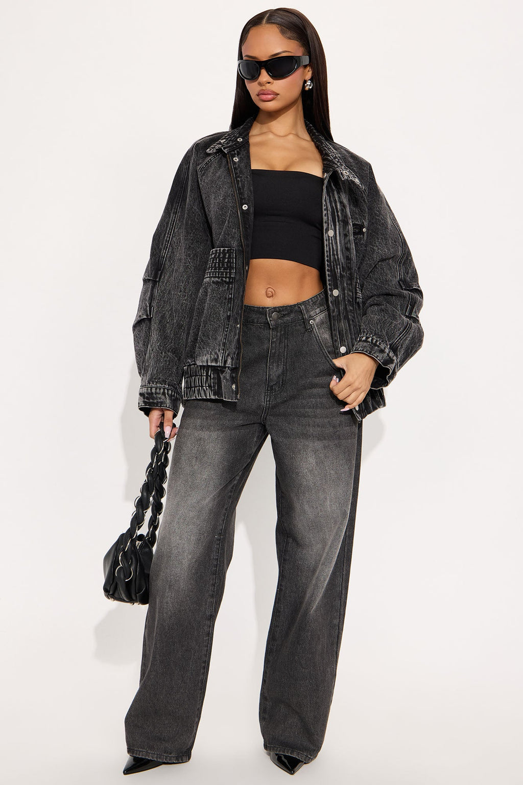 Yara Oversized Denim Bomber Jacket - Black Wash