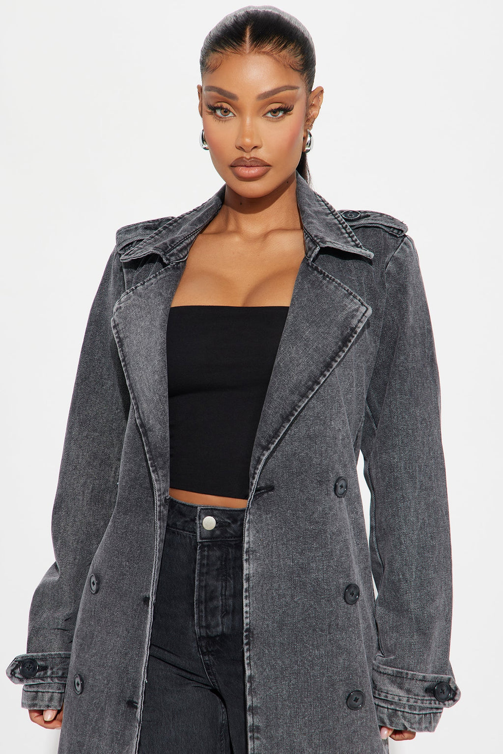 Can't Blame Me Washed Denim Trench - Black Wash