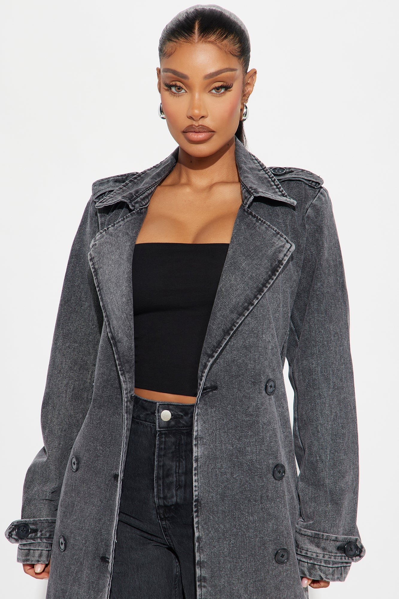 Can't Blame Me Washed Denim Trench - Black Wash