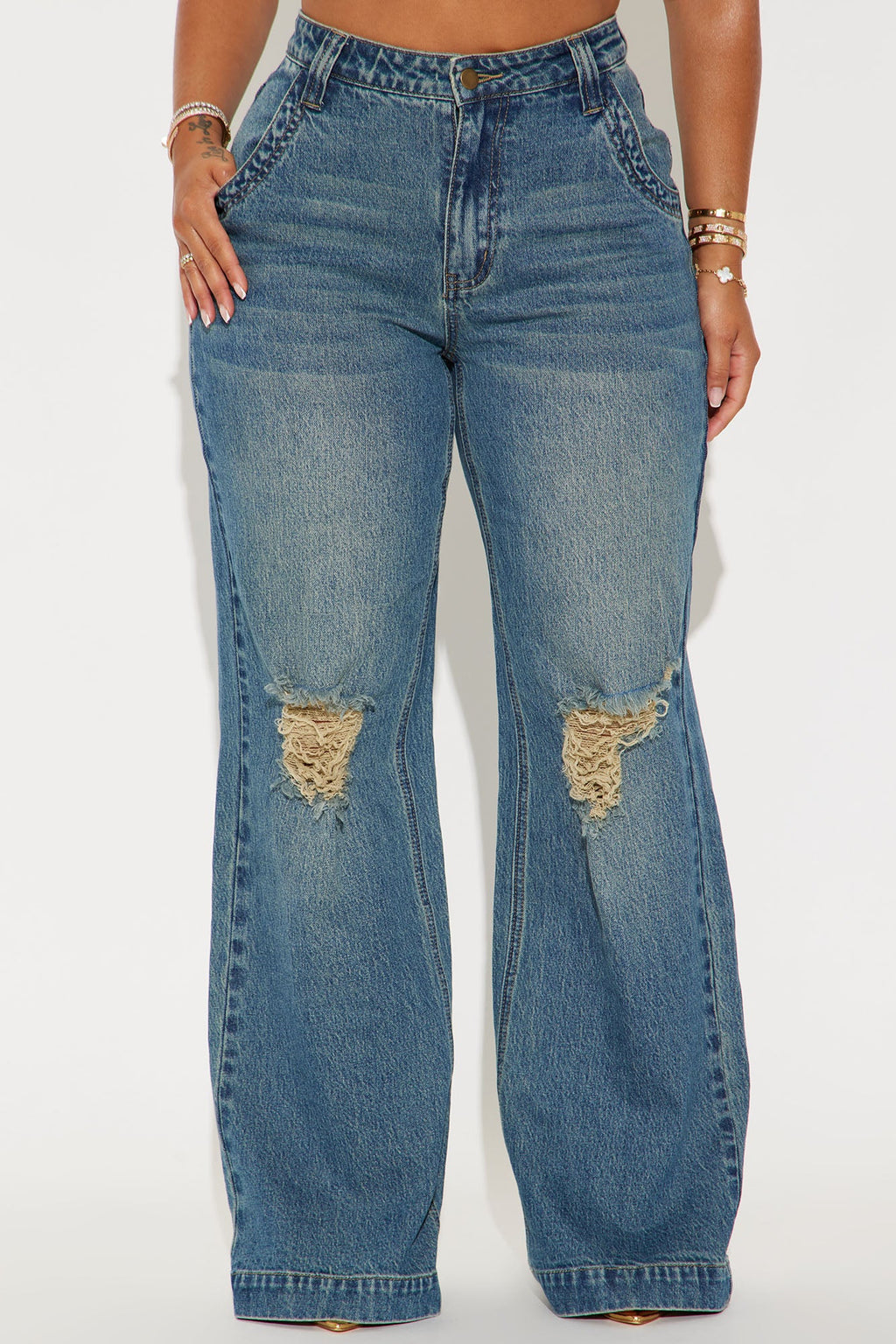 How It Goes Ripped Wide Leg Jeans - Vintage Wash