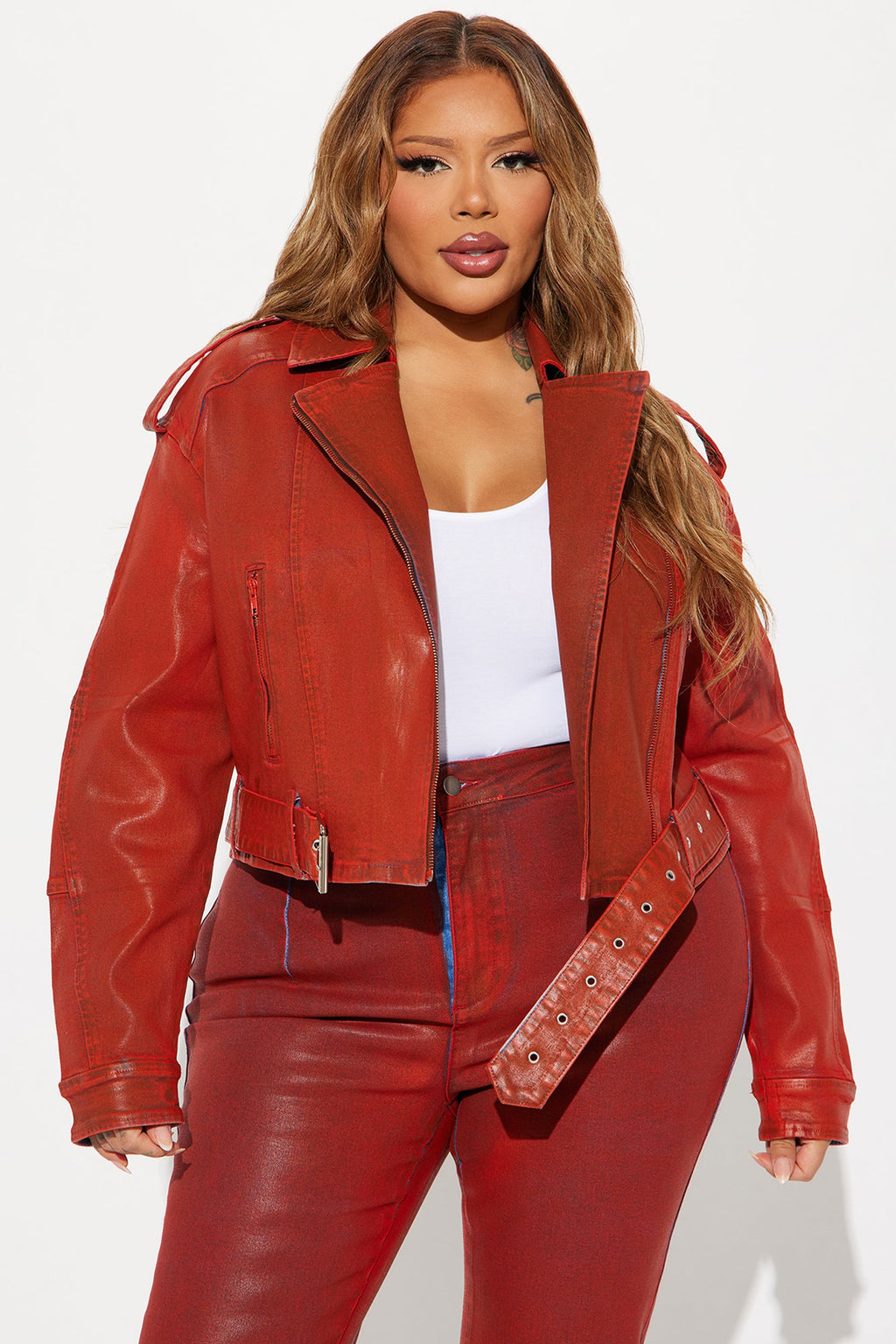 In The Aftermath Coated Moto Denim Jacket - Red