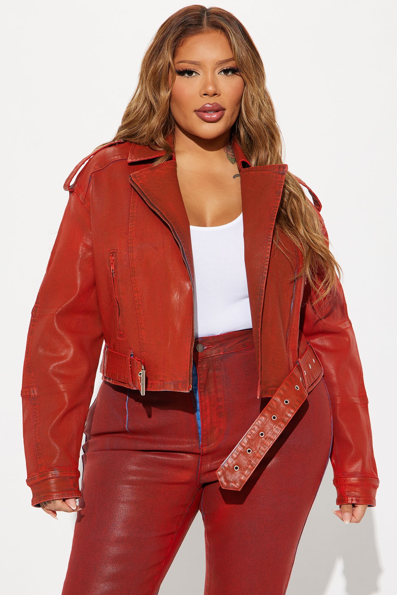 In The Aftermath Coated Moto Denim Jacket - Red