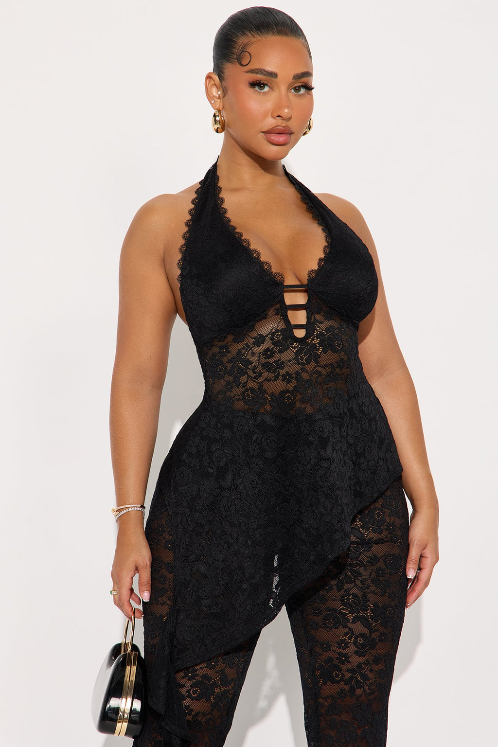 Hannah Halter Lace Pant Set - Black