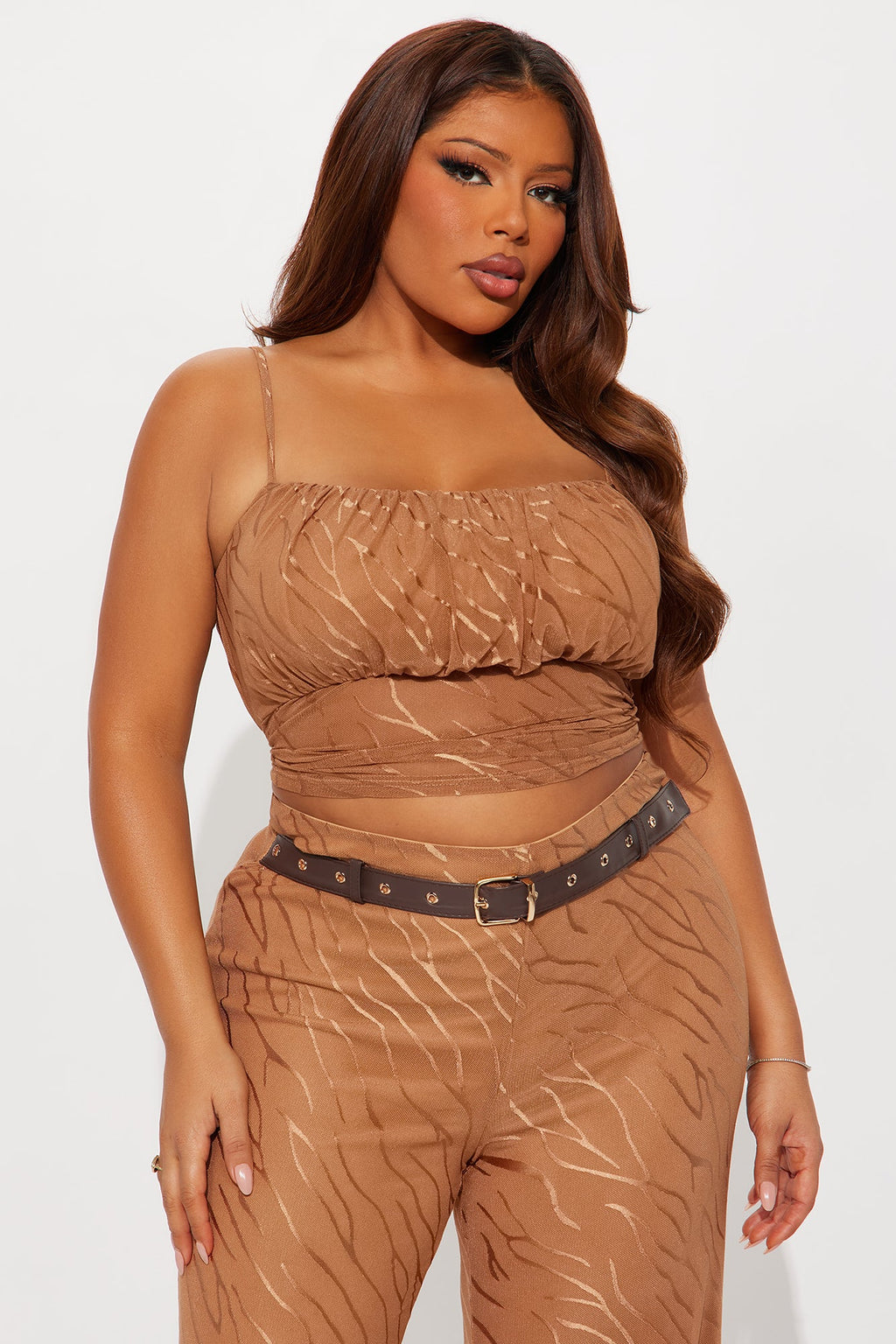 Sheer Temptation Mesh Belted Pant Set - Mocha