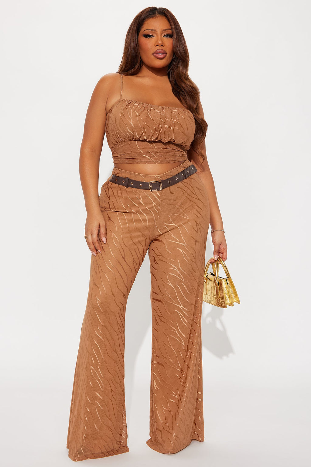 Sheer Temptation Mesh Belted Pant Set - Mocha