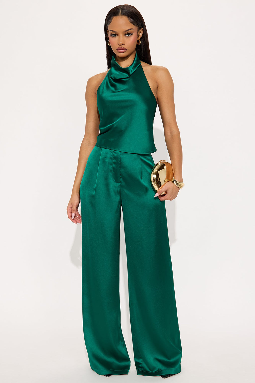 Vivienne Satin Halter Pant Set - Emerald