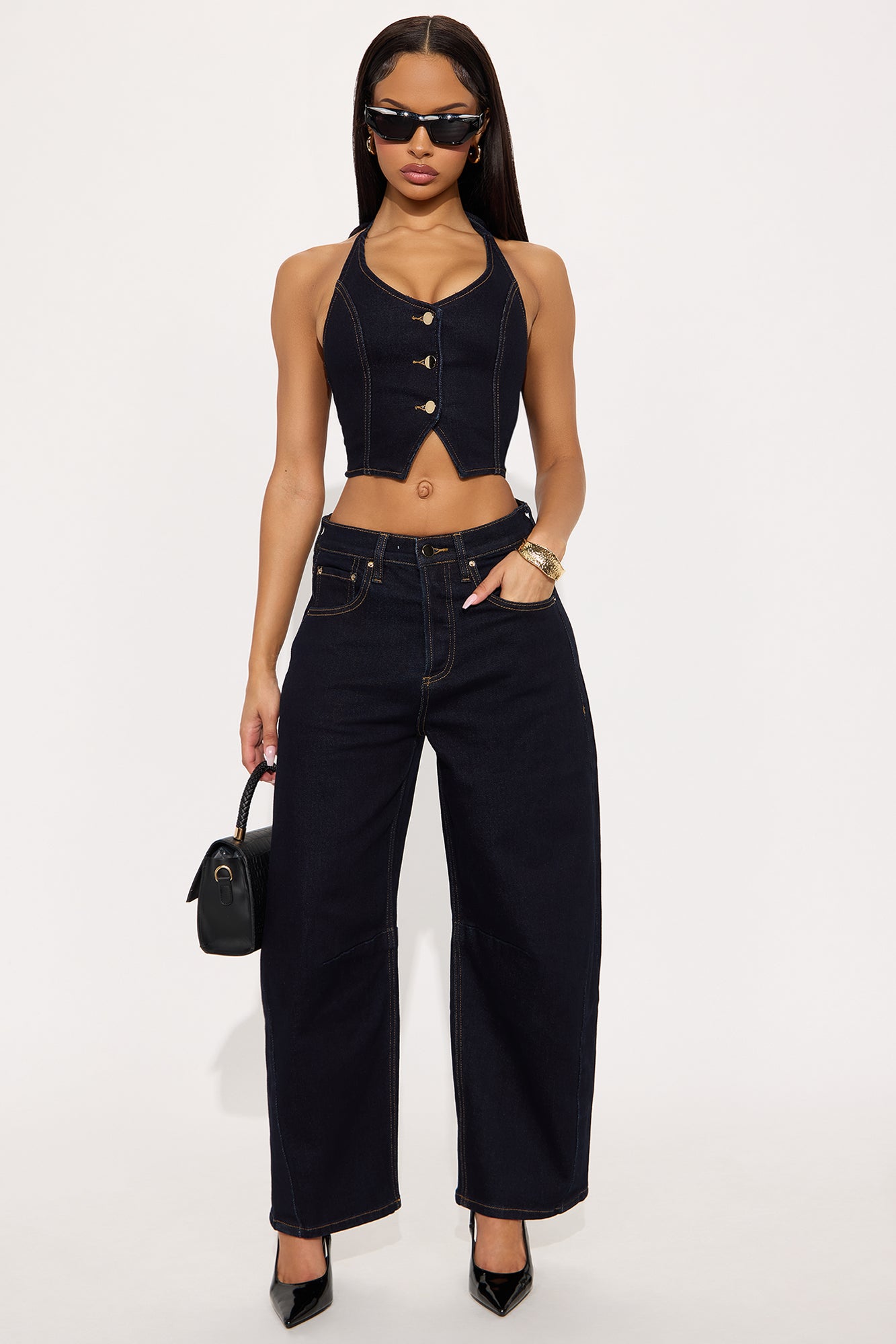 Clarissa Denim Vest And Barrel Jeans Set - Dark Wash