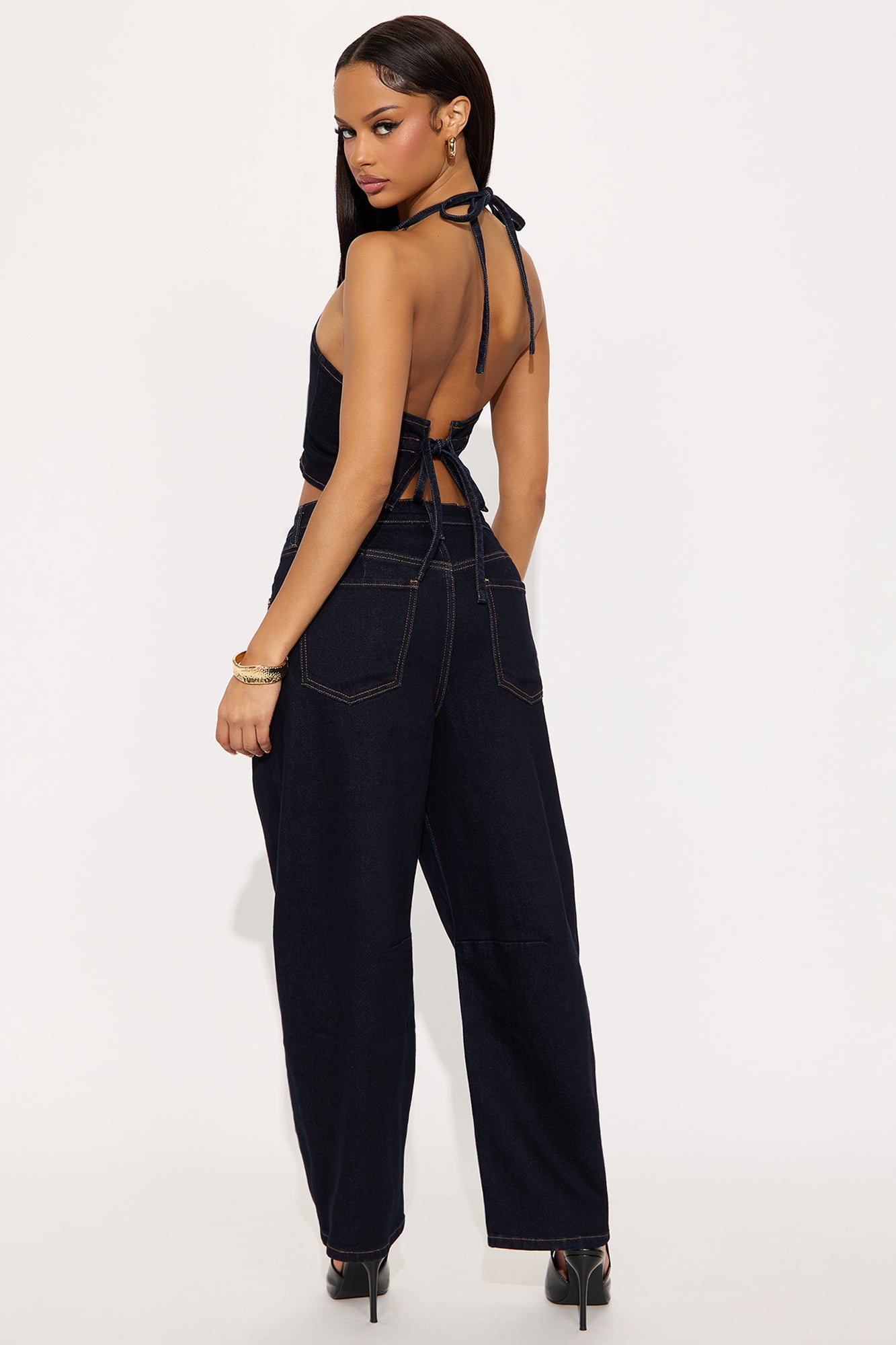 Clarissa Denim Vest And Barrel Jeans Set - Dark Wash