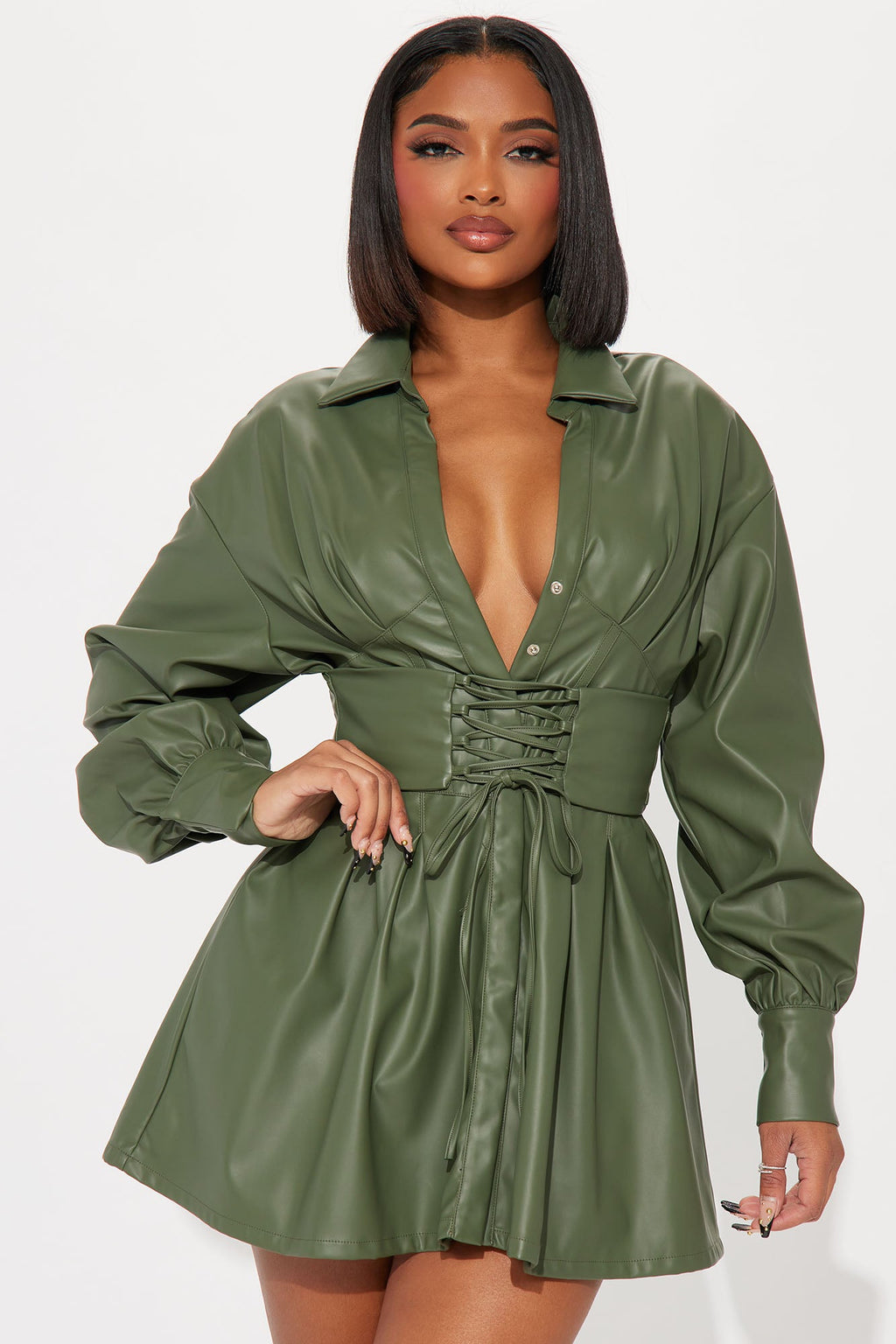 Bianca Faux Leather Mini Dress - Olive