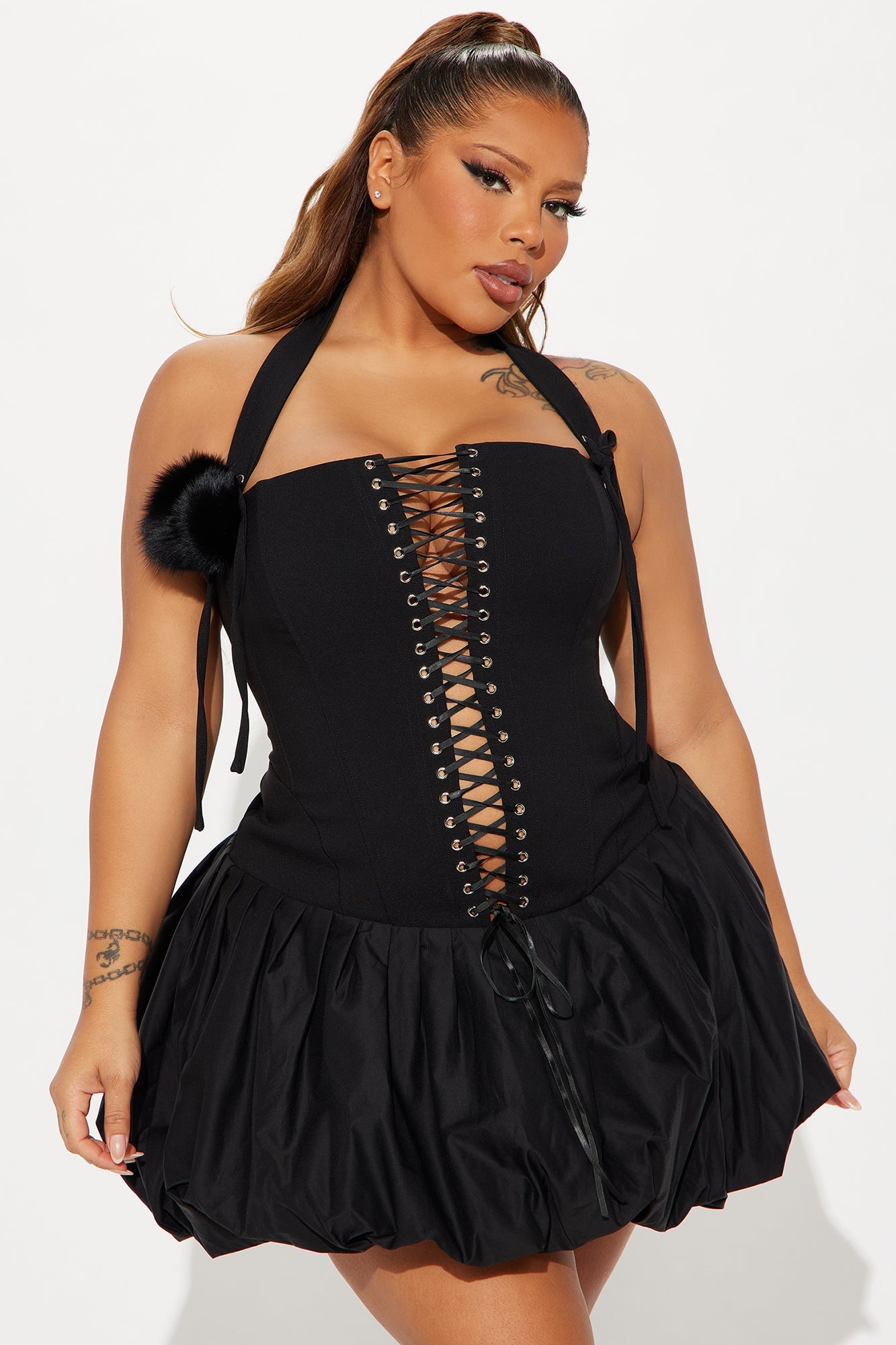 Analia Lace Up Bubble Mini Dress - Black