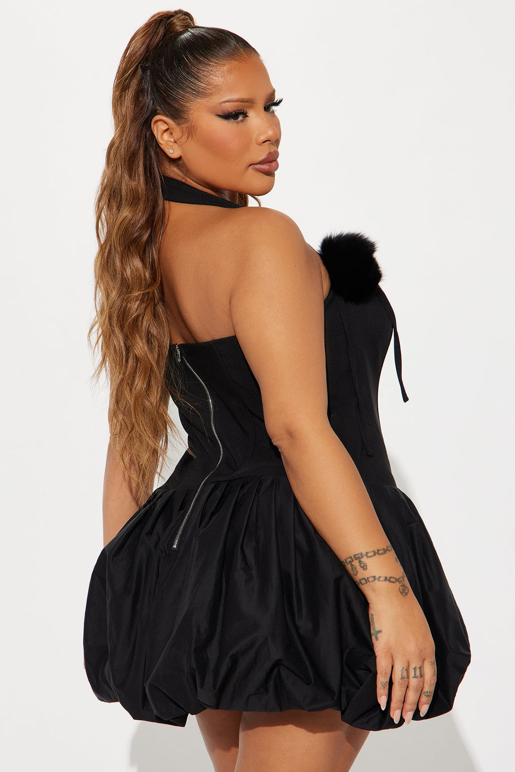Analia Lace Up Bubble Mini Dress - Black