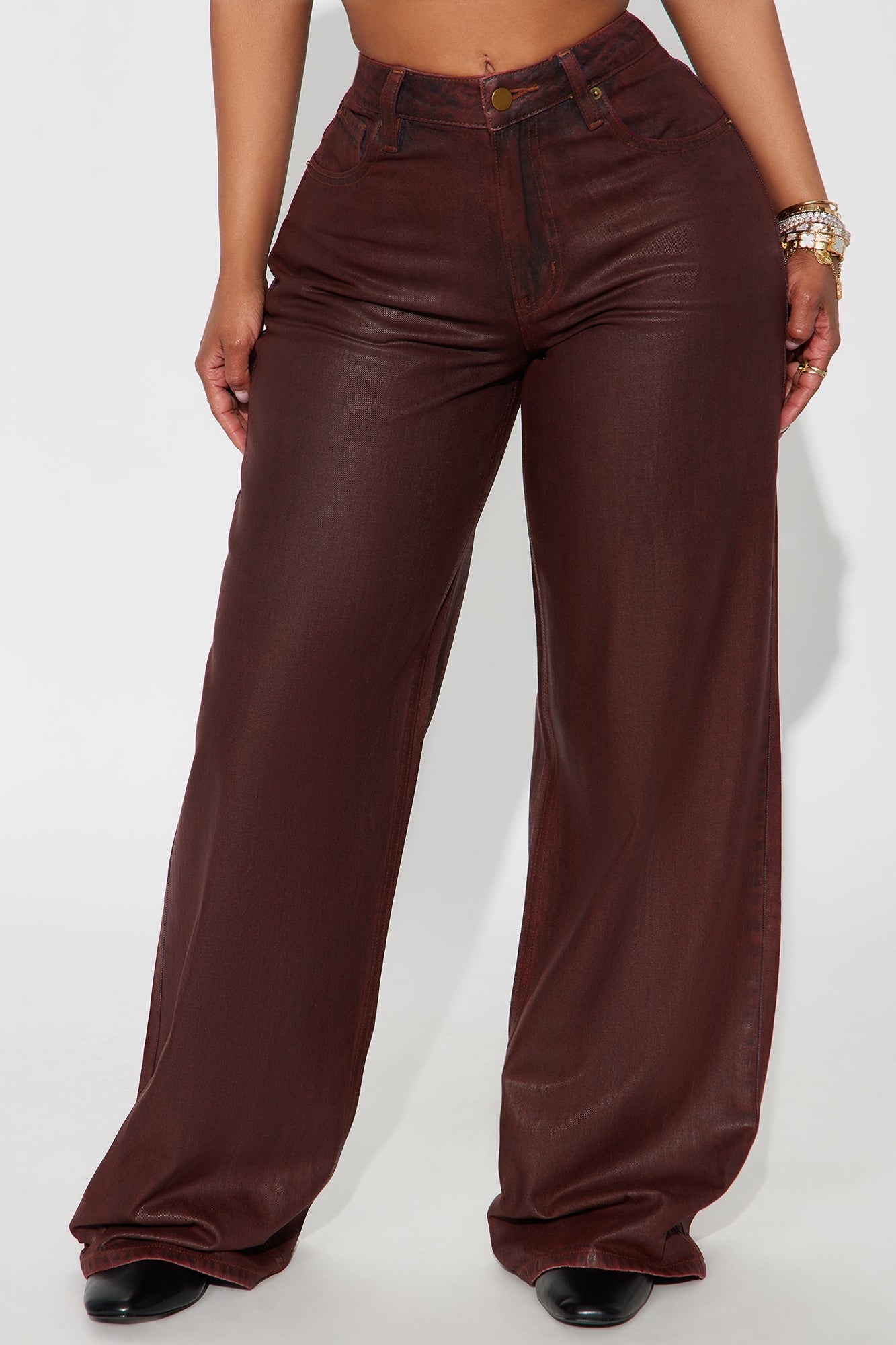 Play It Off Coated Wide Leg Jeans - Burgundy