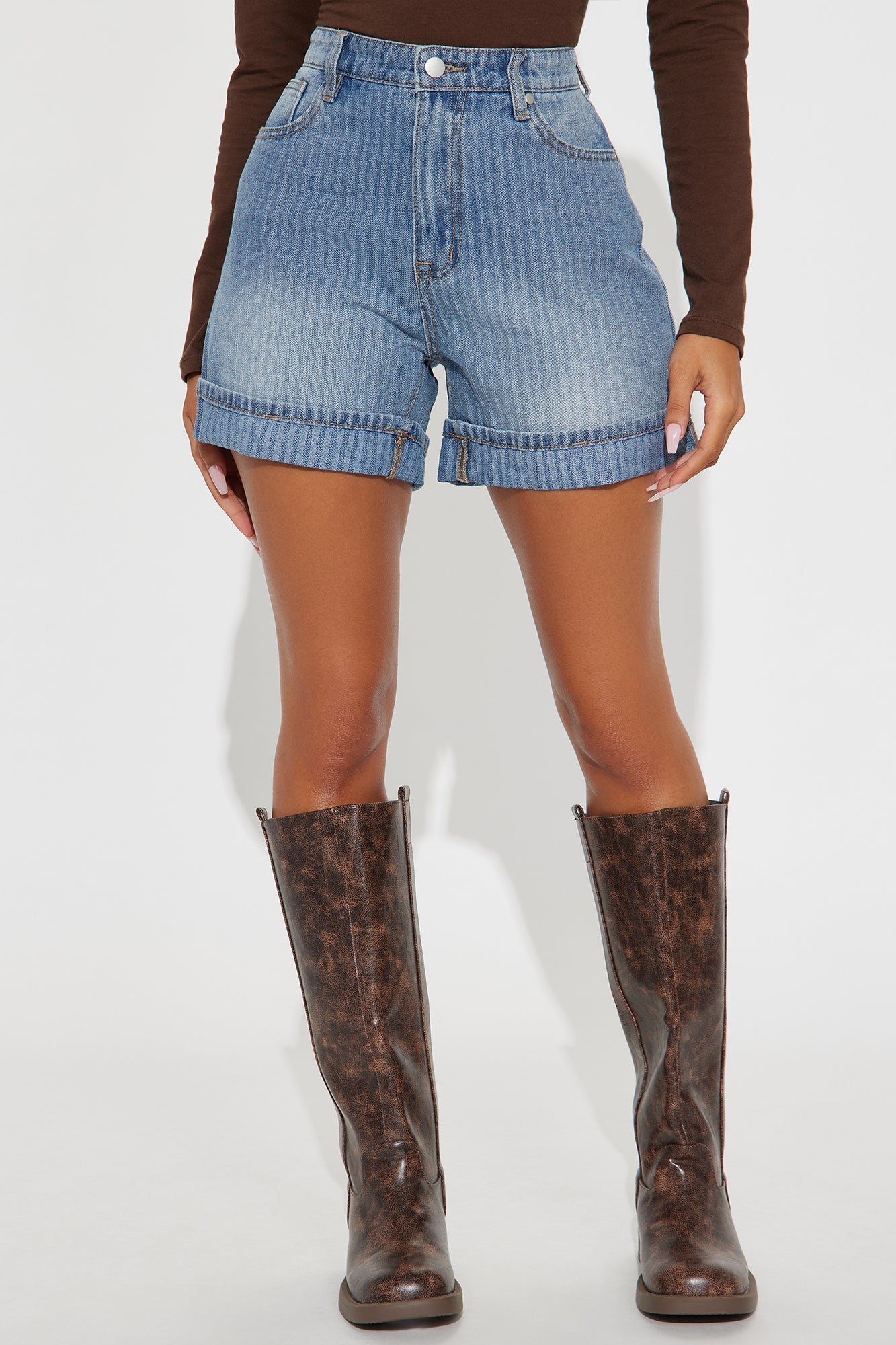 Catch Up Stripe Cuffed Denim Shorts - Vintage Wash