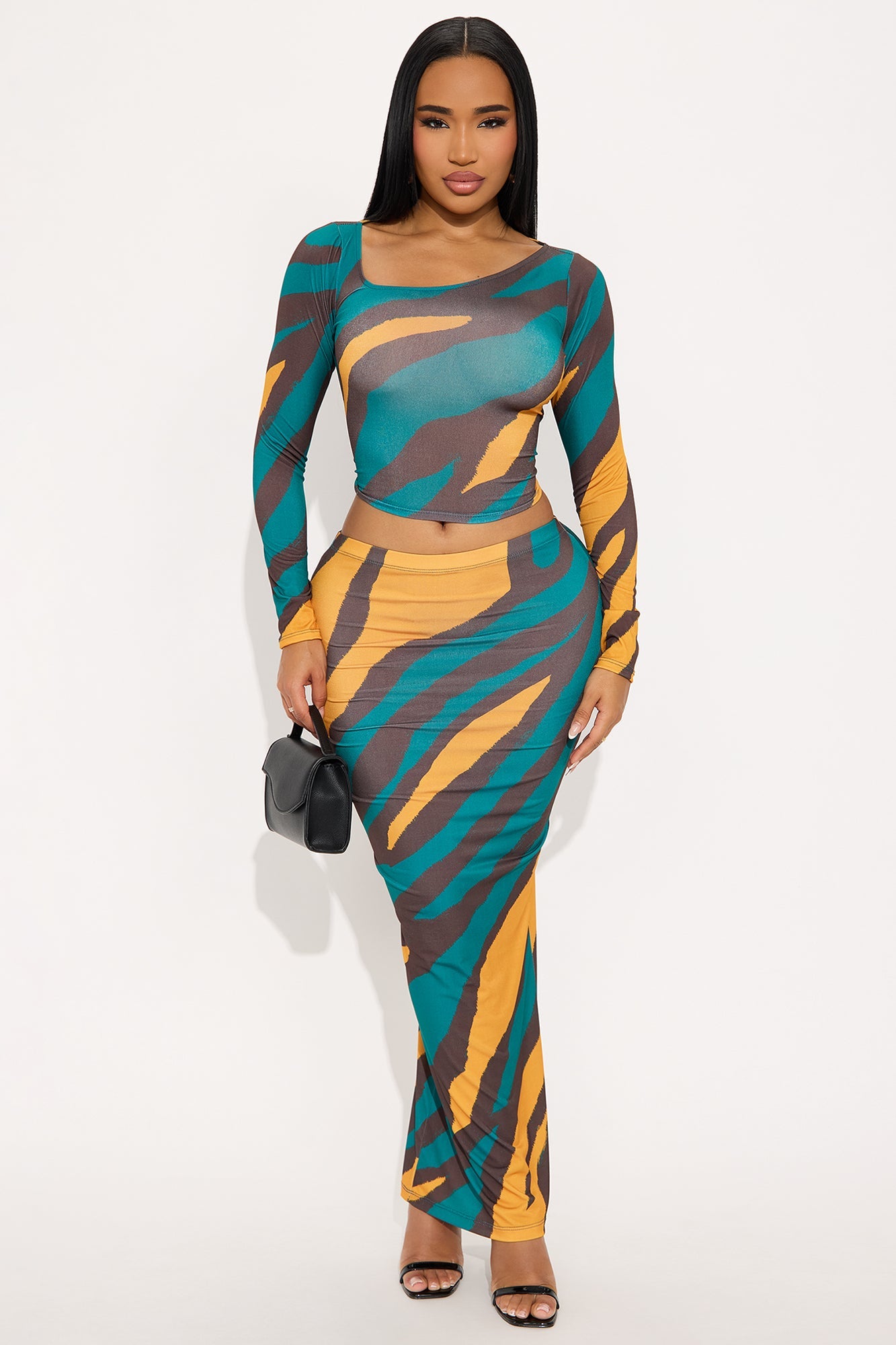 Trouble Maker Asymmetrical Skirt Set - Teal/combo