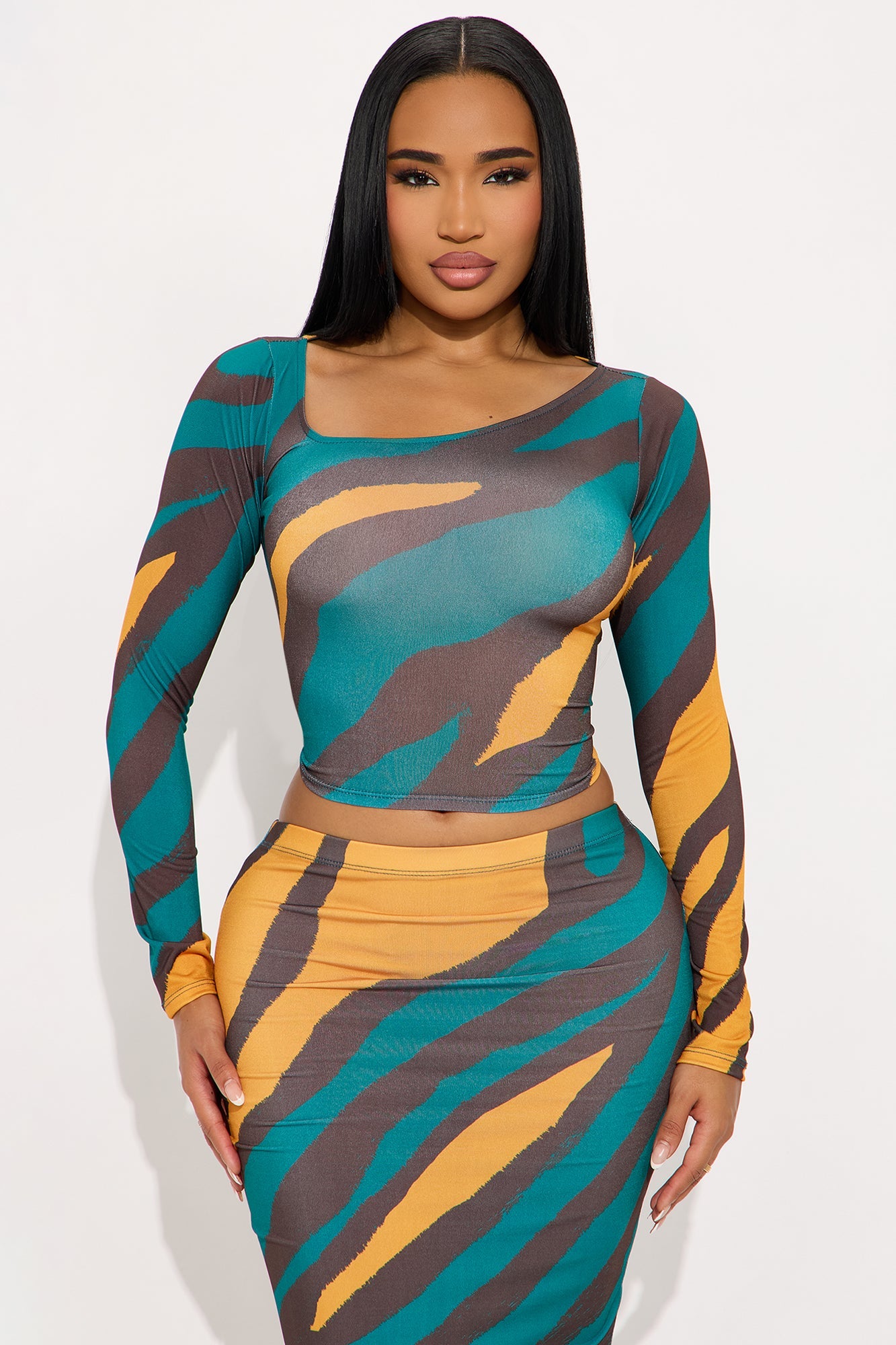 Trouble Maker Asymmetrical Skirt Set - Teal/combo