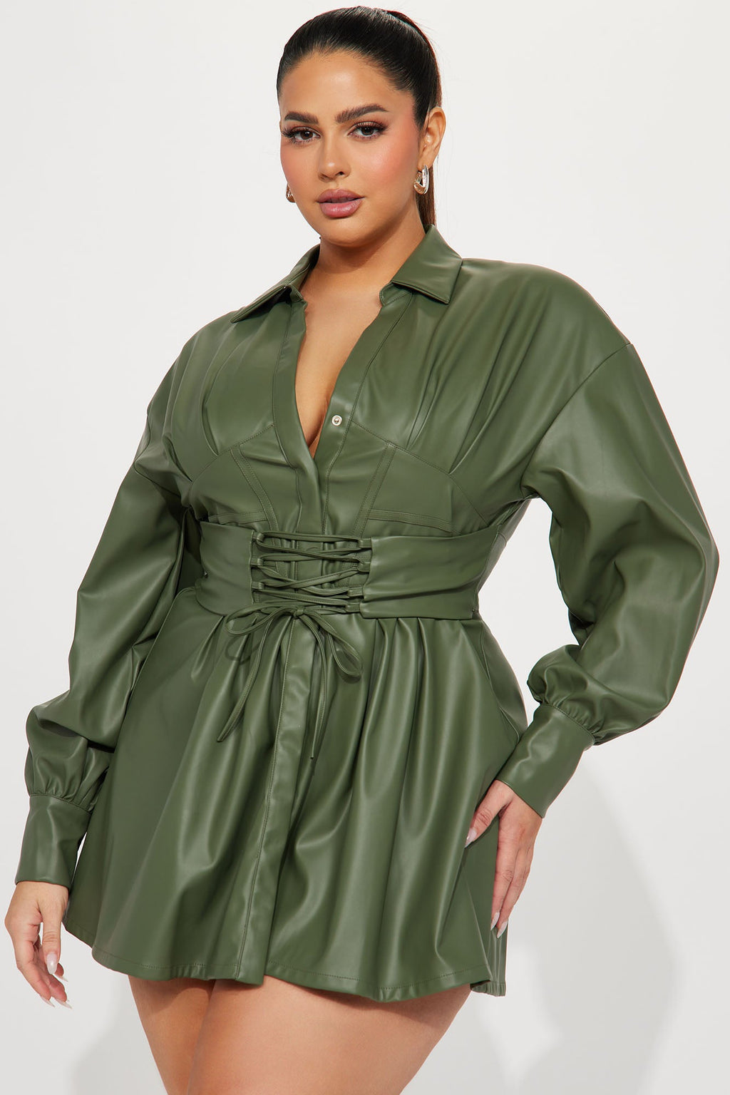 Bianca Faux Leather Mini Dress - Olive