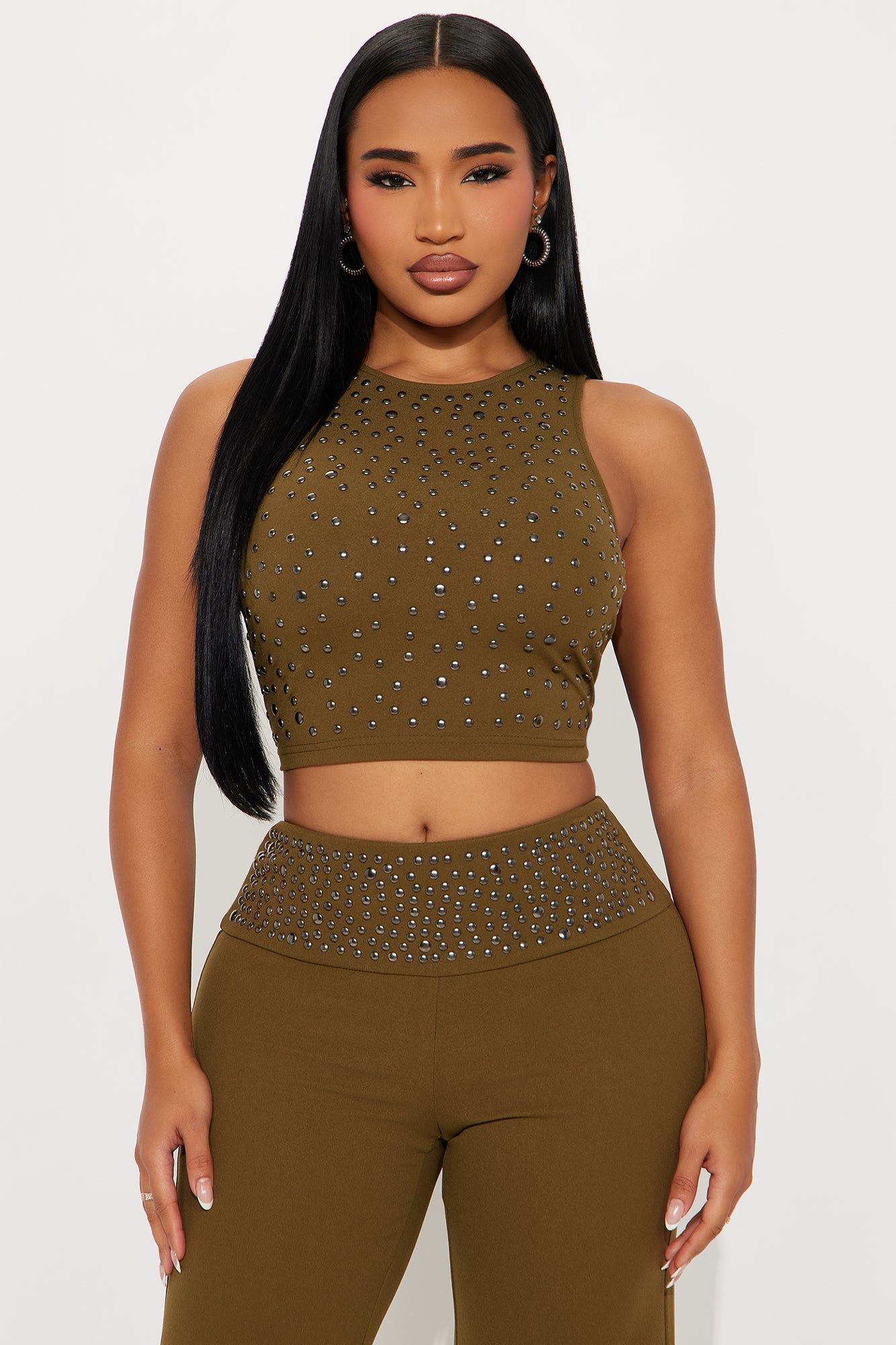 Into The Night Studded Pant Set - Olive