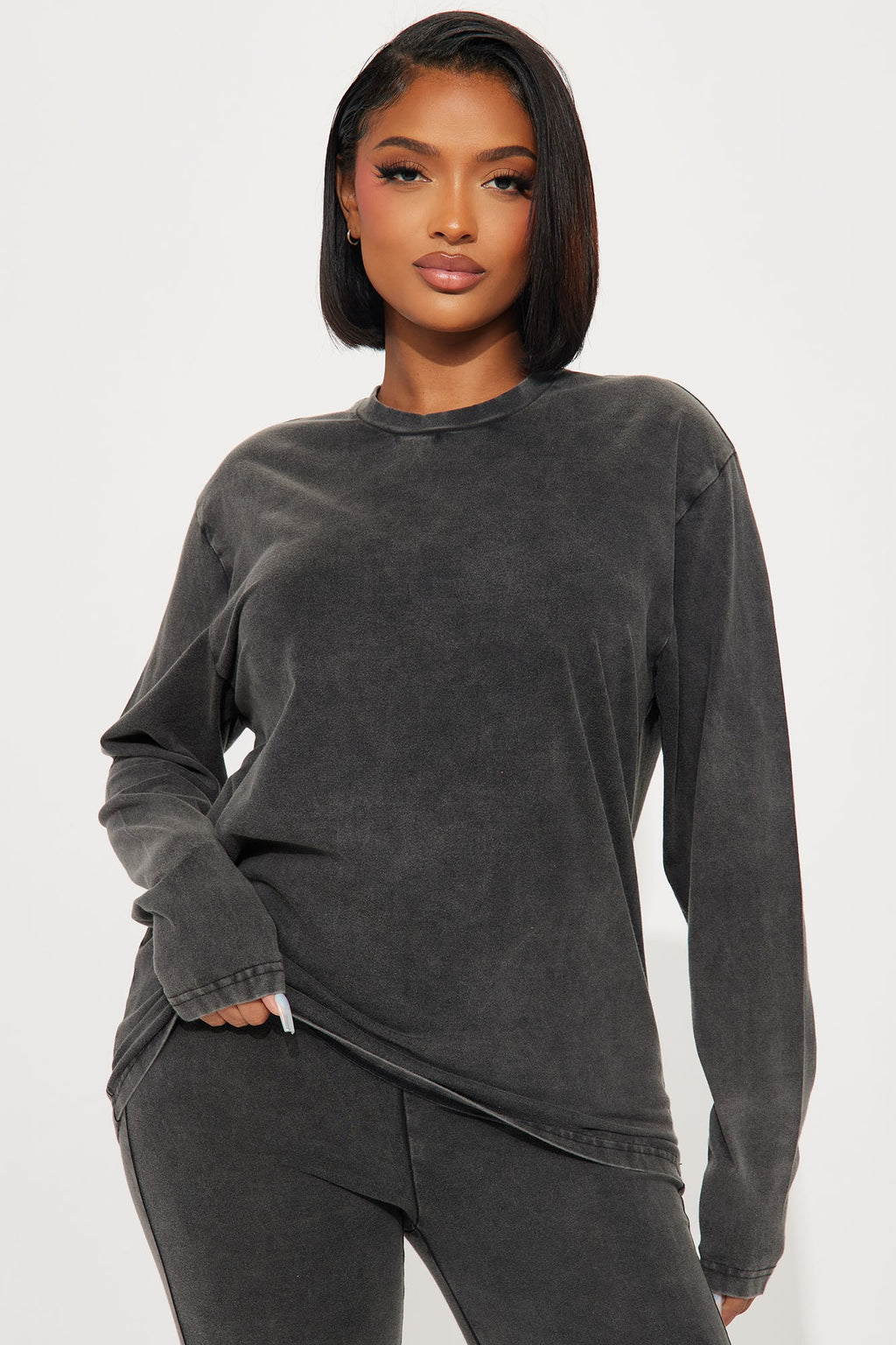 Stepping Out Mineral Wash Long Sleeve Legging Set - Charcoal