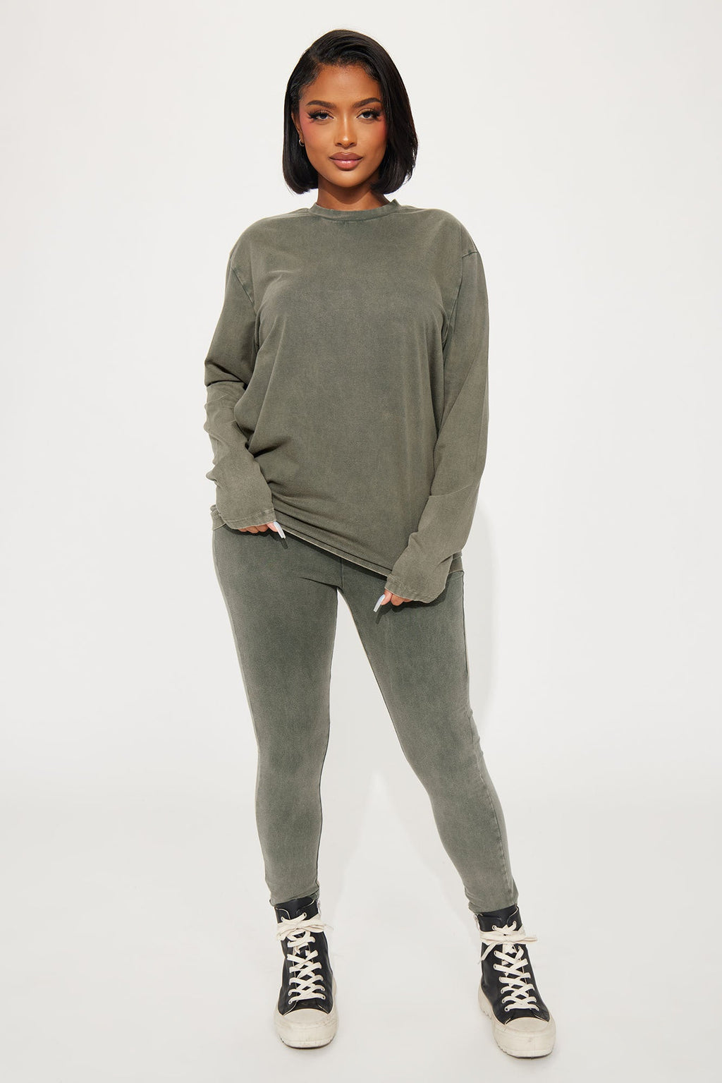 Stepping Out Mineral Wash Long Sleeve Legging Set - Olive