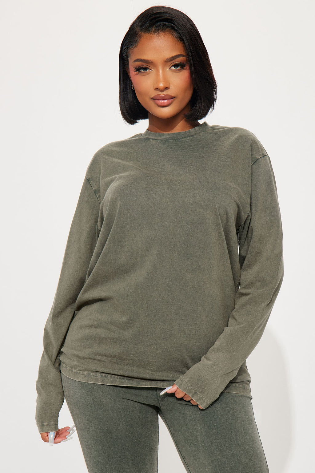 Stepping Out Mineral Wash Long Sleeve Legging Set - Olive