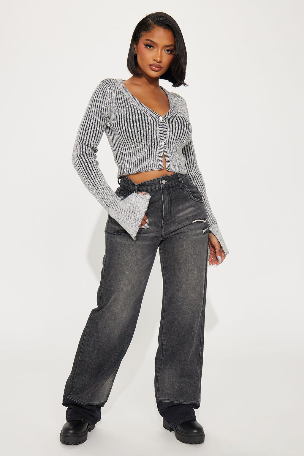 Takin' Hints Marled Cropped Cardigan - Grey/combo