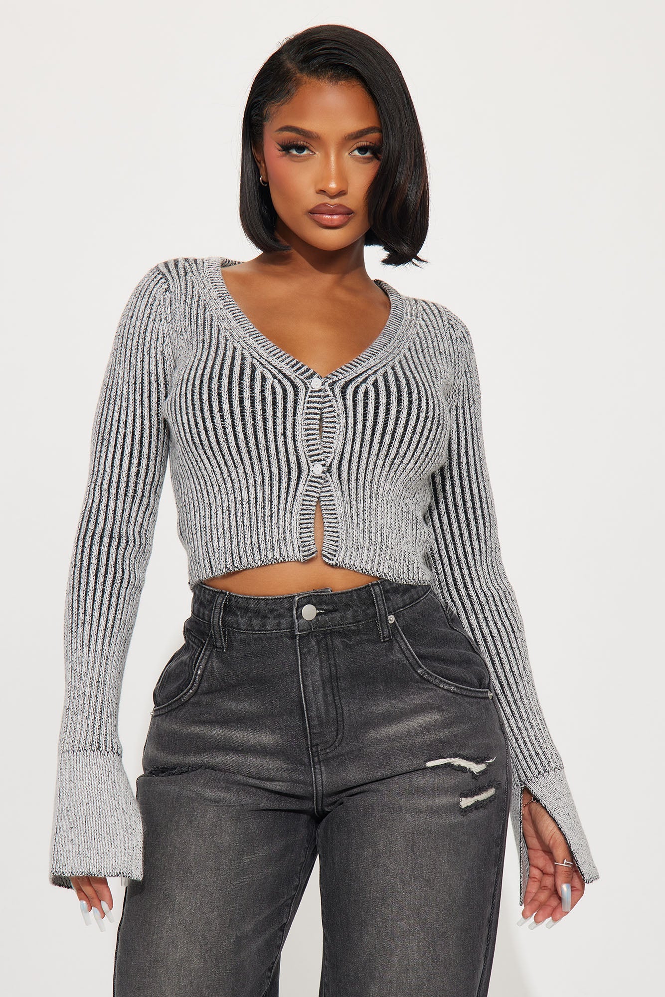 Takin' Hints Marled Cropped Cardigan - Grey/combo