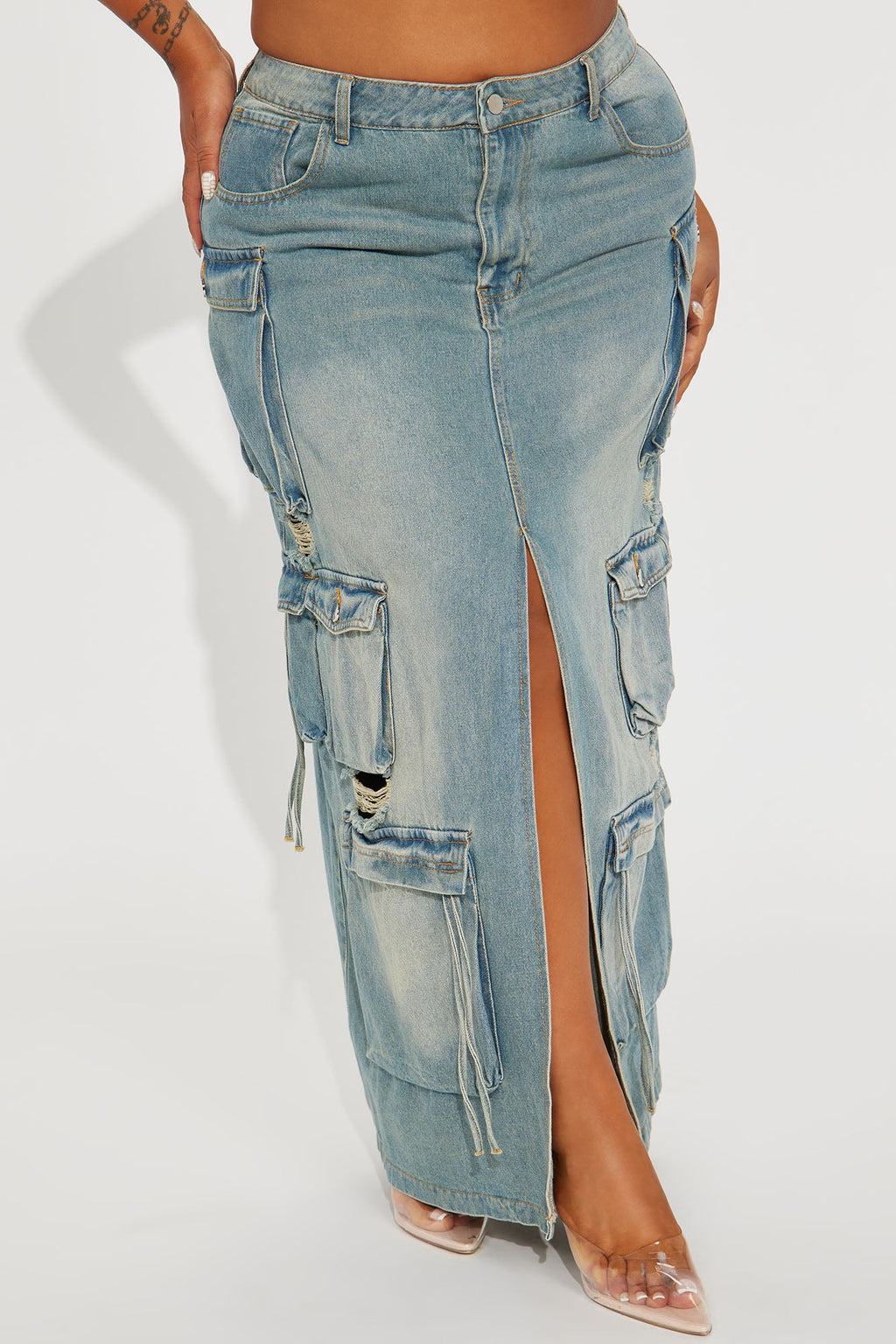 Out Of Town Cargo Denim Maxi Skirt - Medium Wash