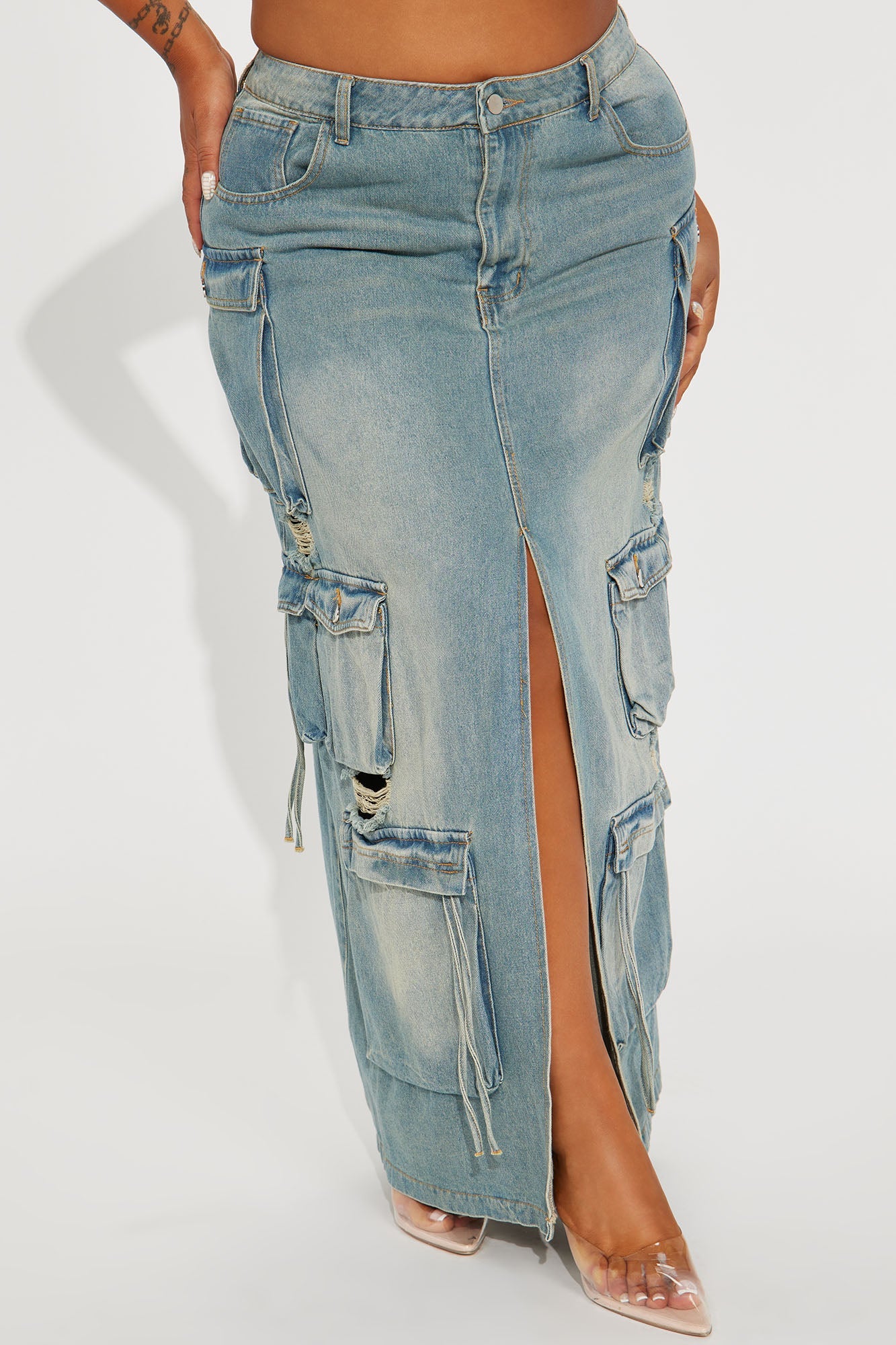 Out Of Town Cargo Denim Maxi Skirt - Medium Wash