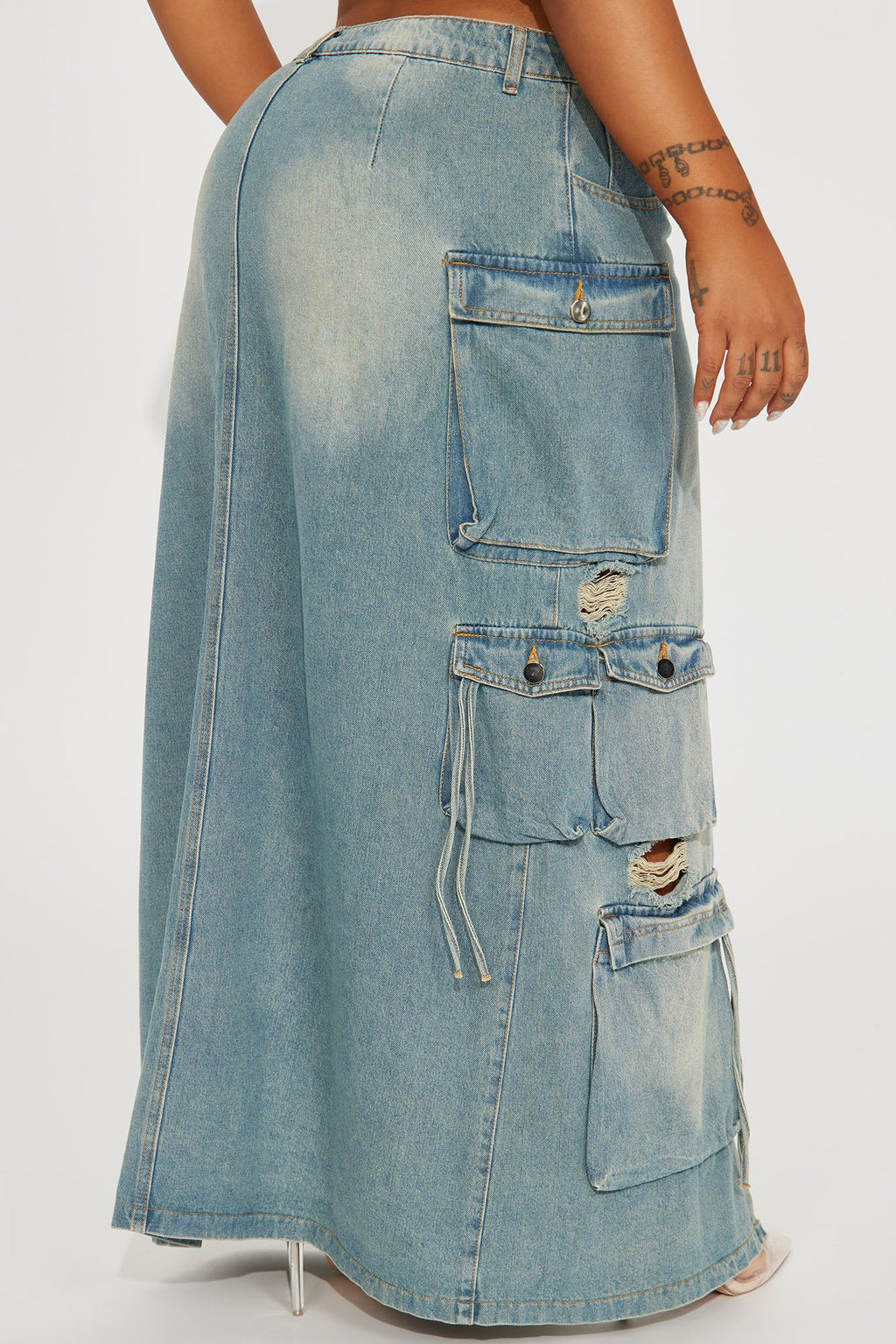 Out Of Town Cargo Denim Maxi Skirt - Medium Wash
