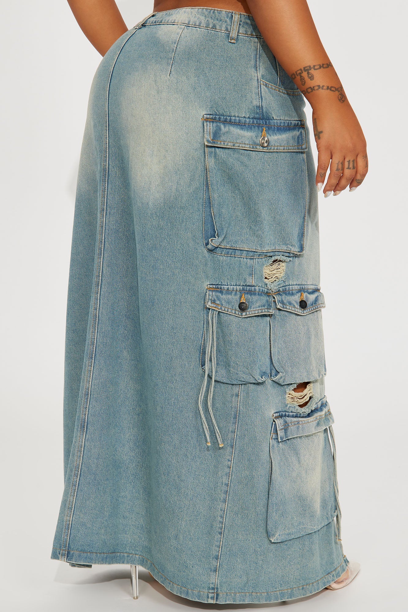 Out Of Town Cargo Denim Maxi Skirt - Medium Wash