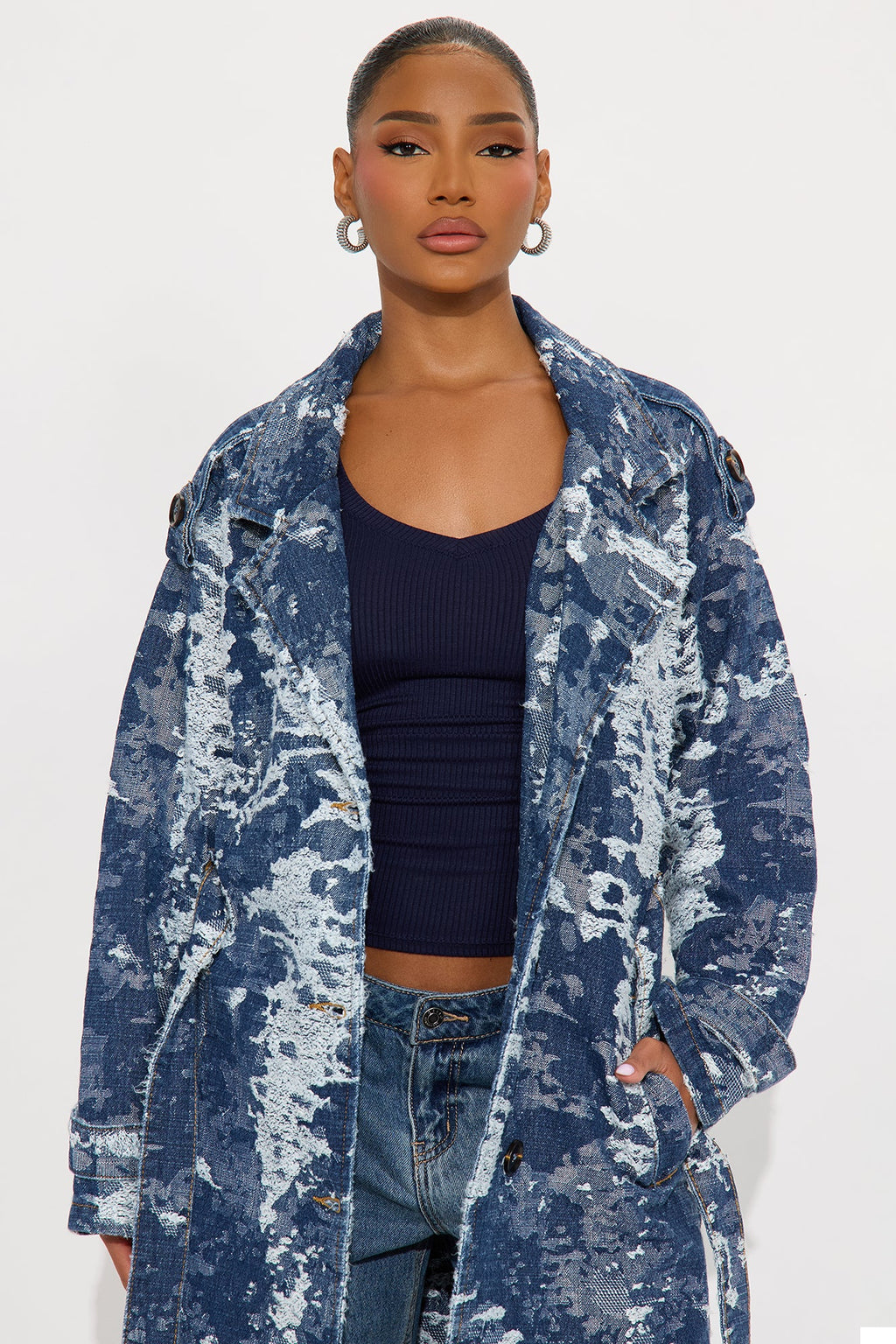 Soho Abstract Camo Denim Trench Coat - Medium Wash