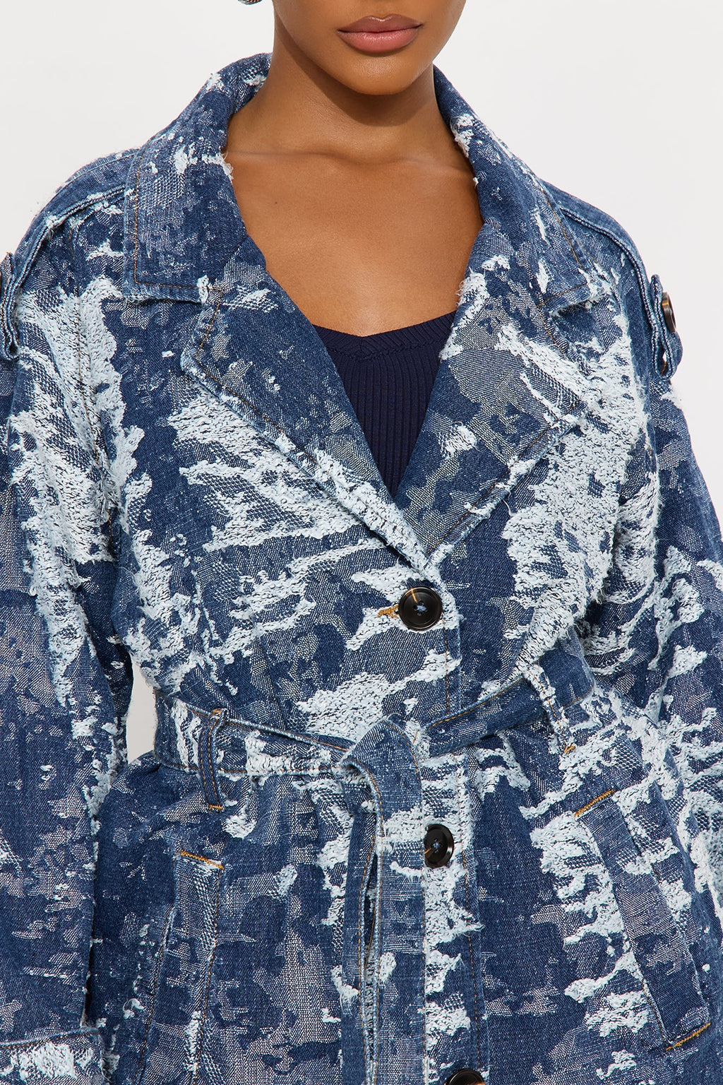 Soho Abstract Camo Denim Trench Coat - Medium Wash