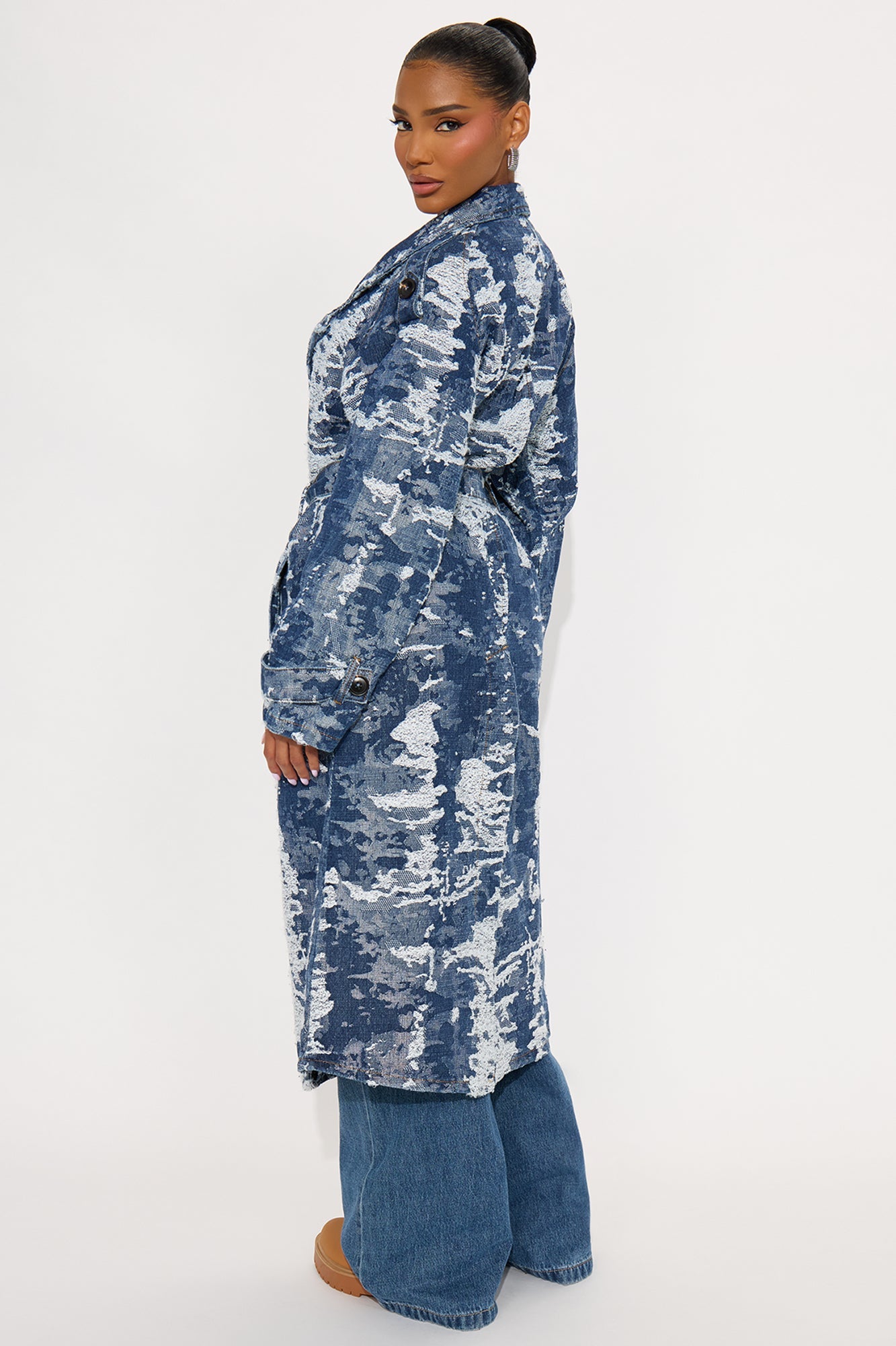 Soho Abstract Camo Denim Trench Coat - Medium Wash