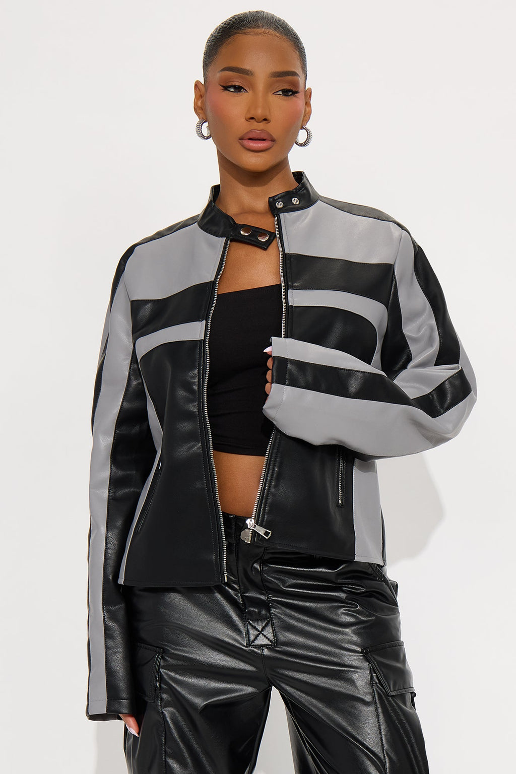 Kelis Faux Leather Moto Jacket - Grey/Black