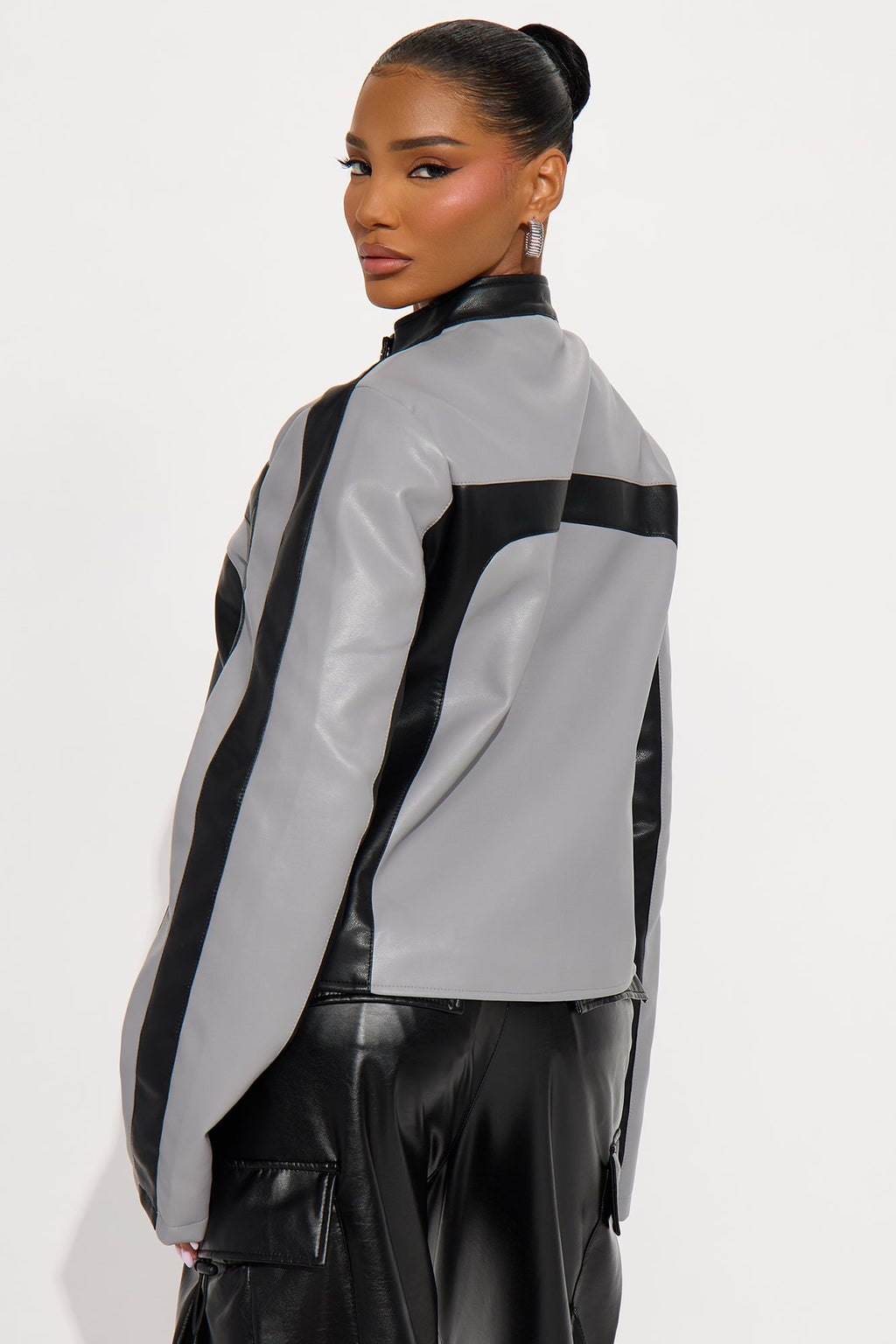 Kelis Faux Leather Moto Jacket - Grey/Black