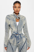 Locking In Stretch Moto Denim Jacket - Vintage Wash