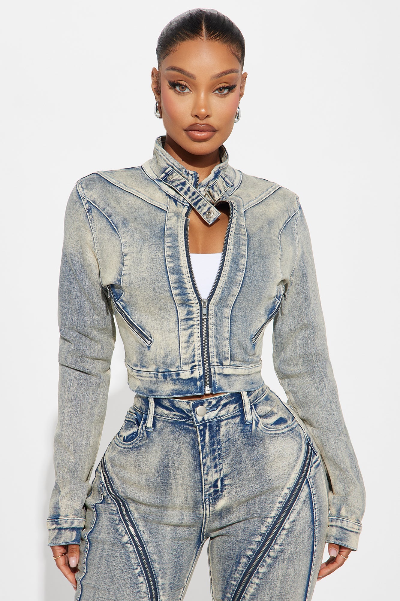Locking In Stretch Moto Denim Jacket - Vintage Wash